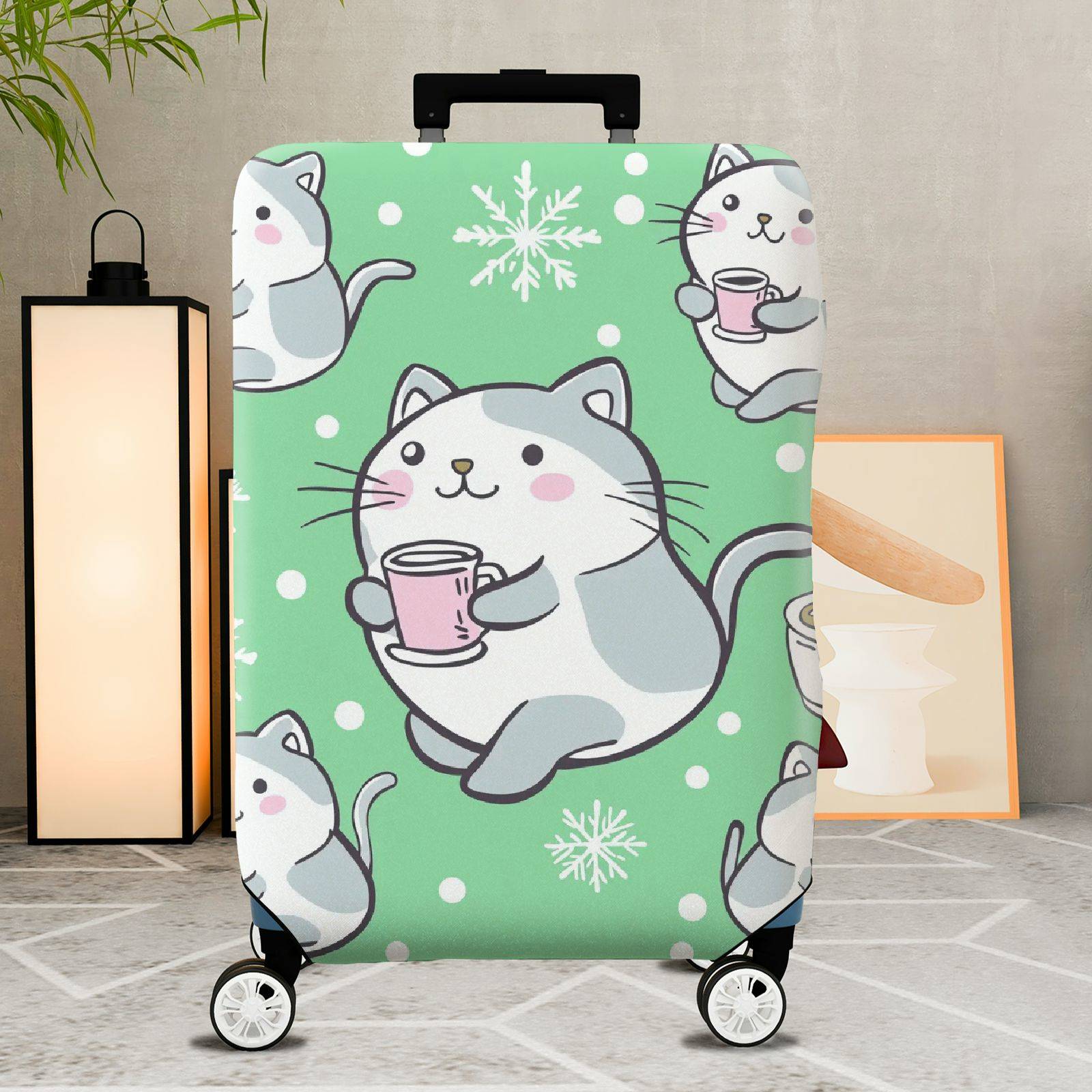 1-Piece Cute Cat Snowflake Coffee Winter Holiday  Suitcase Luggage Cover, Stretch Protective Sleeve