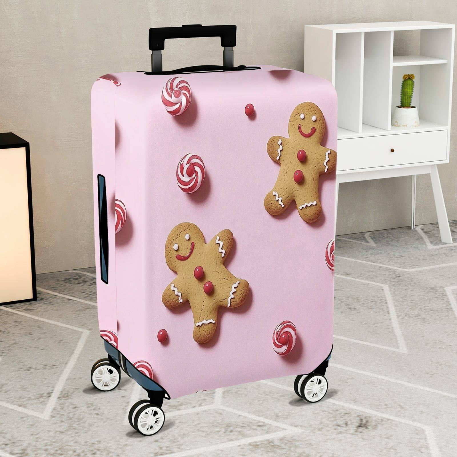 1-Piece Gingerbread Candy Pink Festive Holiday Christmas  Suitcase Luggage Cover, Stretch Protective Sleeve
