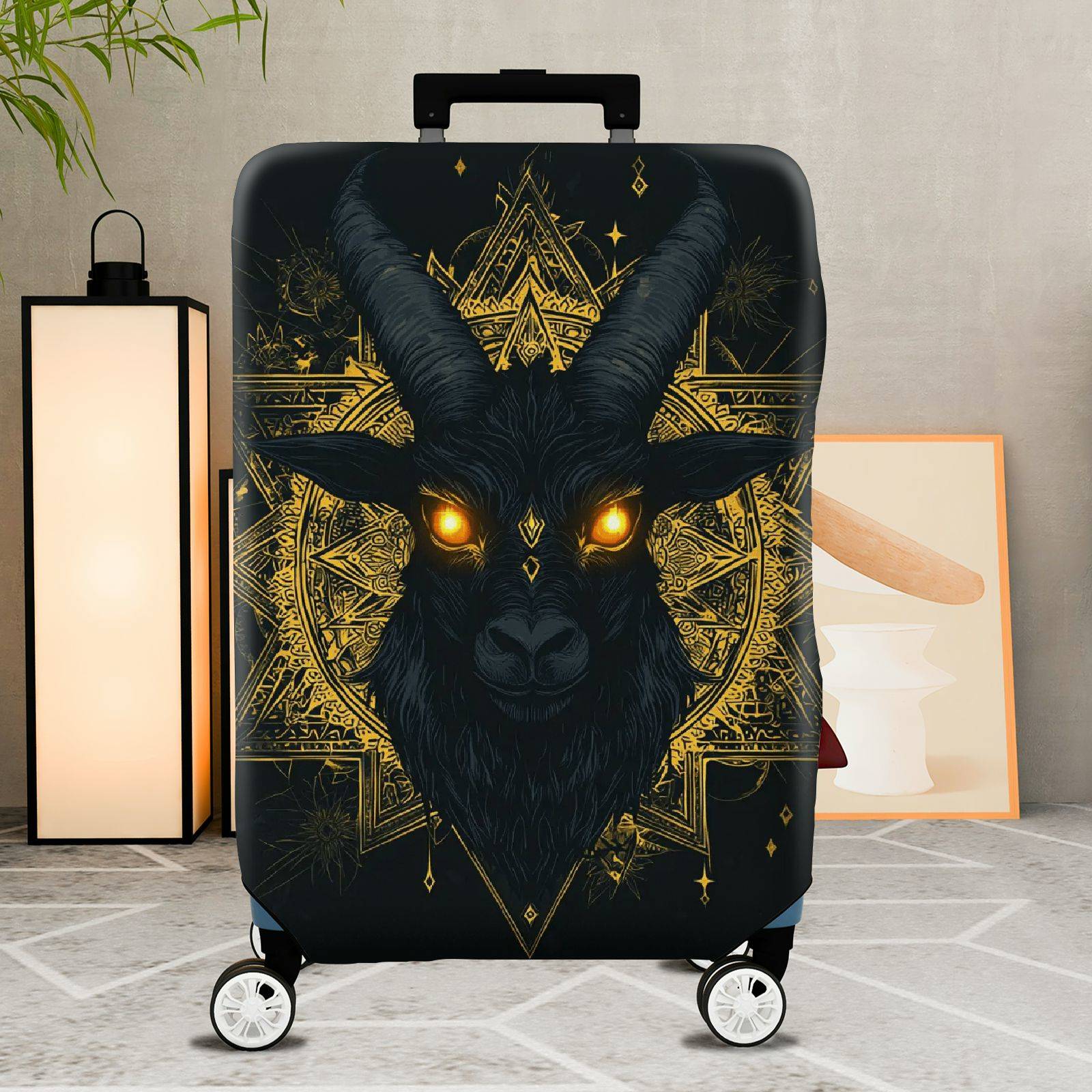 1-Piece Black Goat Gold Geometric Mystical Illuminated  Suitcase Luggage Cover, Stretch Protective Sleeve