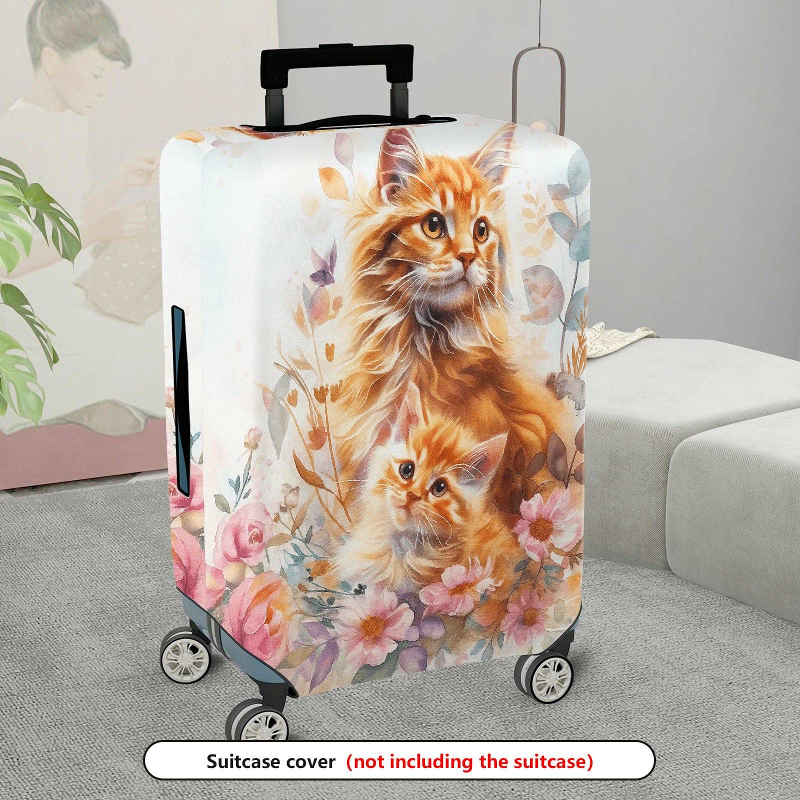 1-Piece Floral Cute Cat Artistic Nature Animal Print  Suitcase Luggage Cover, Stretch Protective Sleeve