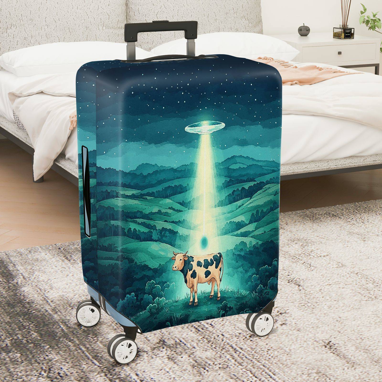 1-Piece Cow Landscape Night Sky Alien  Suitcase Luggage Cover, Stretch Protective Sleeve