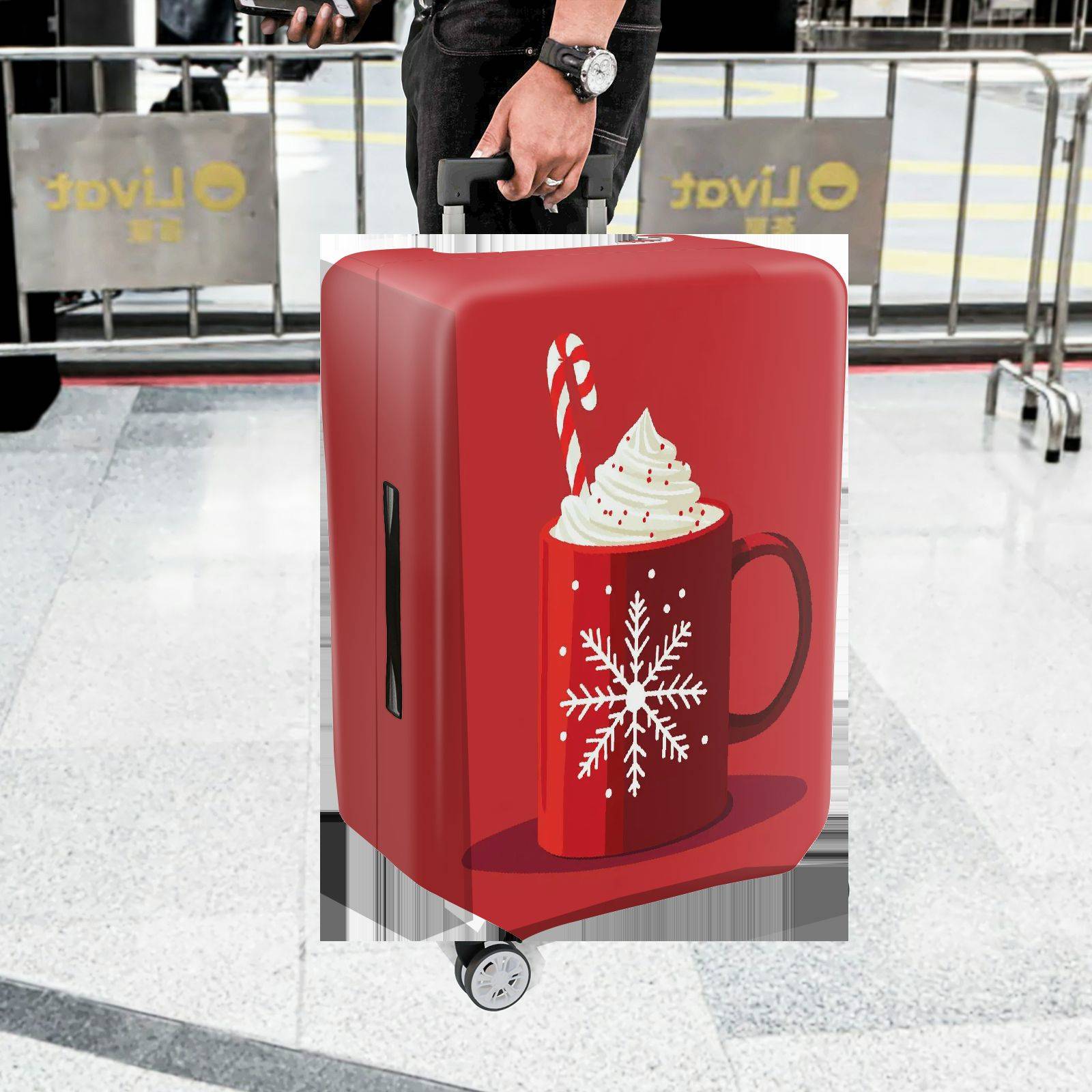 1-Piece Red Snowflake Candy Cane Hot Chocolate Holiday  Suitcase Luggage Cover, Stretch Protective Sleeve