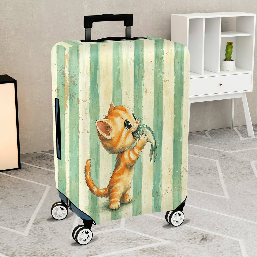 1-Piece Cute Orange Kitten Holding Fish Striped Pattern  Suitcase Luggage Cover, Stretch Protective Sleeve
