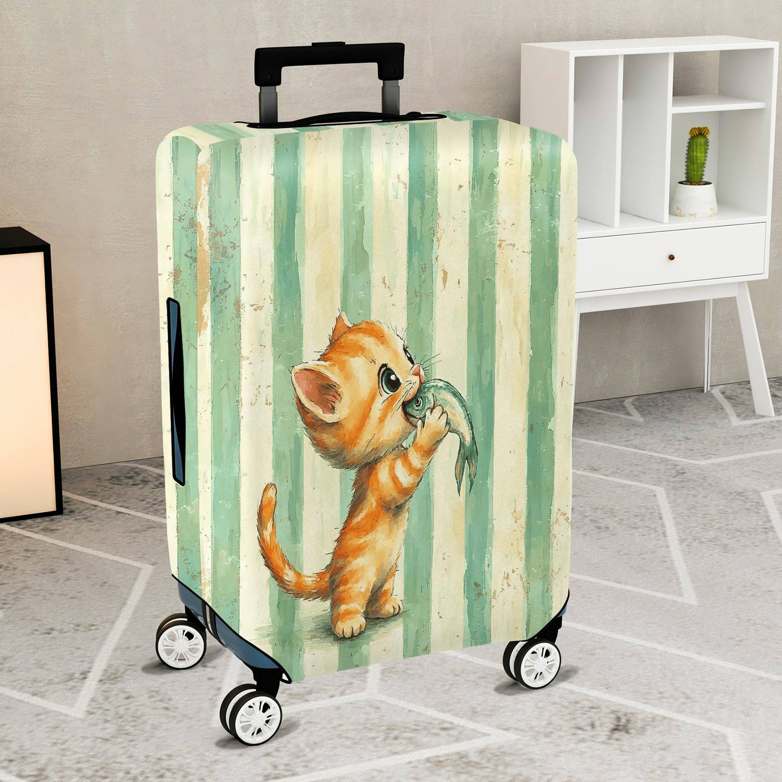 1-Piece Cute Orange Kitten Holding Fish Striped Pattern  Suitcase Luggage Cover, Stretch Protective Sleeve