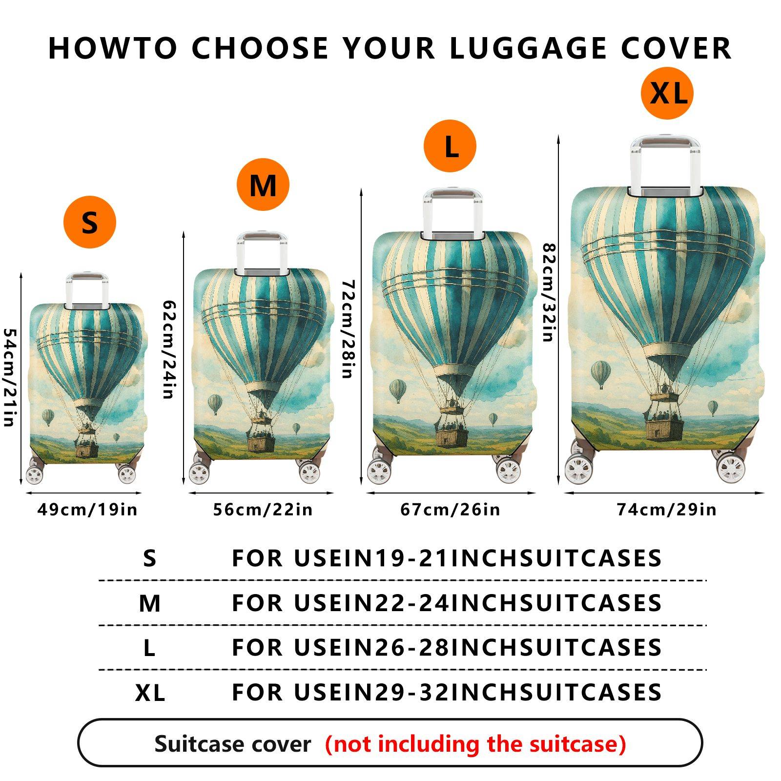 1-Piece Hot Air Balloon Sky Landscape Vintage Art Style  Suitcase Luggage Cover, Stretch Protective Sleeve