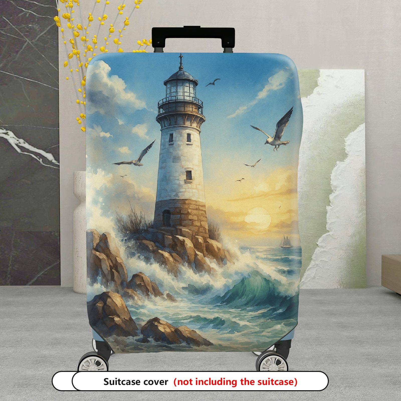 1-Piece Lighthouse Ocean Waves Seagulls Sunset Landscape  Suitcase Luggage Cover, Stretch Protective Sleeve