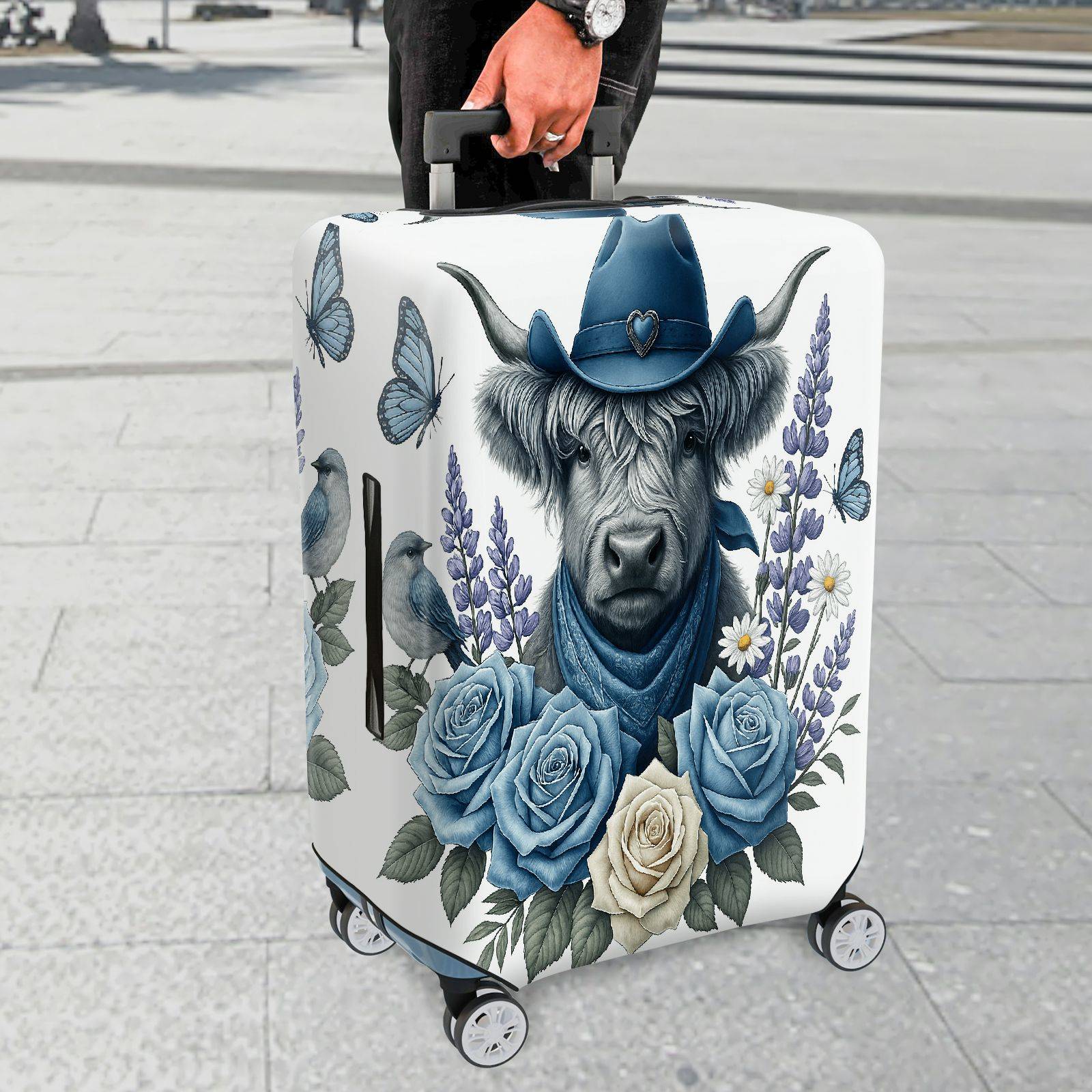 1-Piece Cowboy Cow Floral Butterfly Nature Bird  Suitcase Luggage Cover, Stretch Protective Sleeve