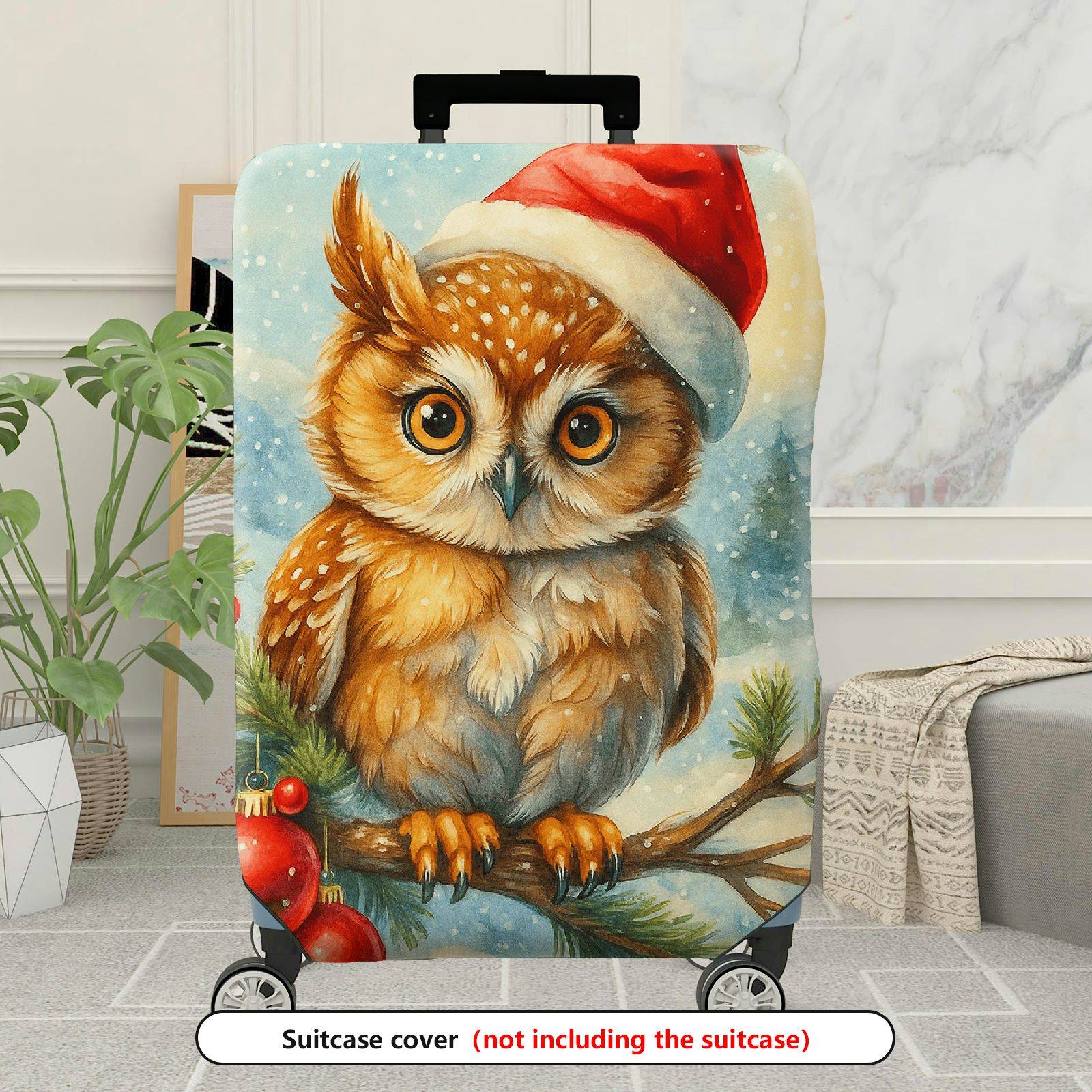 1-Piece Christmas Owl Winter Snow Holiday Red  Suitcase Luggage Cover, Stretch Protective Sleeve