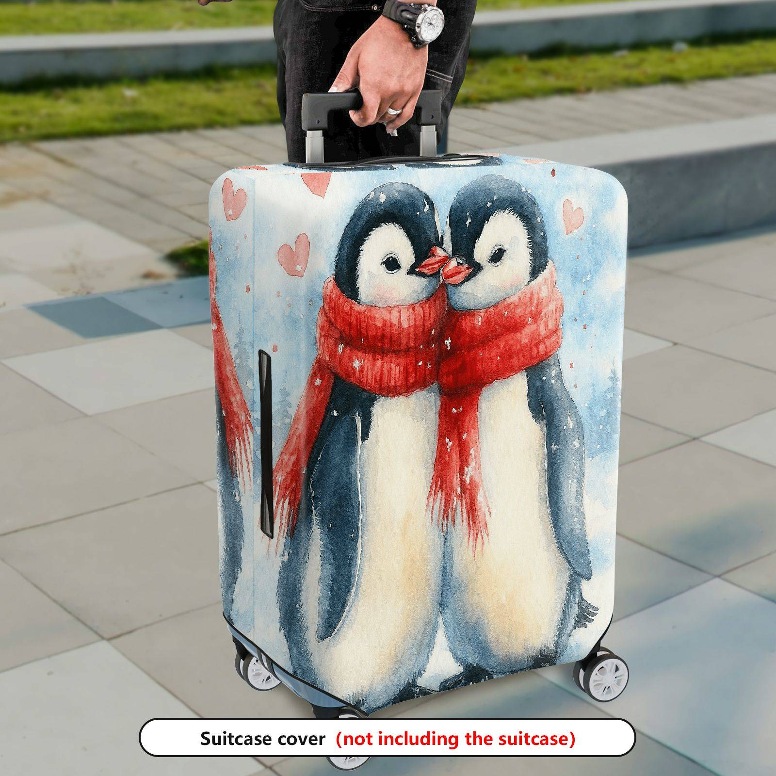 1-Piece Penguin Love Winter Christmas Holiday Valentine  Suitcase Luggage Cover, Stretch Protective Sleeve