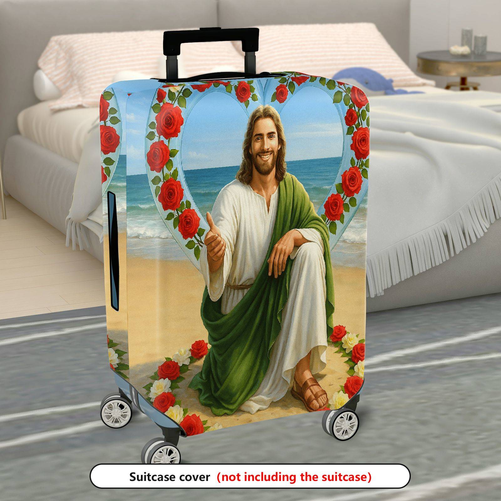 1-Piece Beach Religious Rose Heart Floral Biblical  Suitcase Luggage Cover, Stretch Protective Sleeve