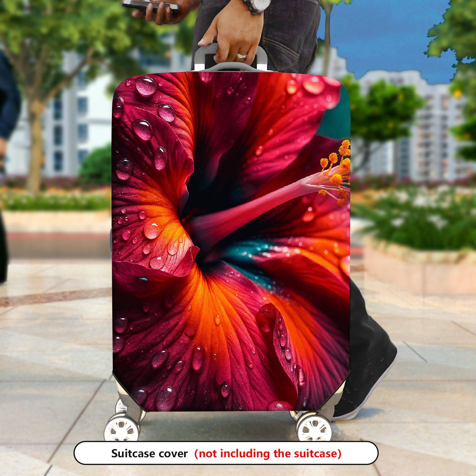 1-Piece Floral Water Droplets Red Hibiscus Vibrant Exotic  Suitcase Luggage Cover, Stretch Protective Sleeve