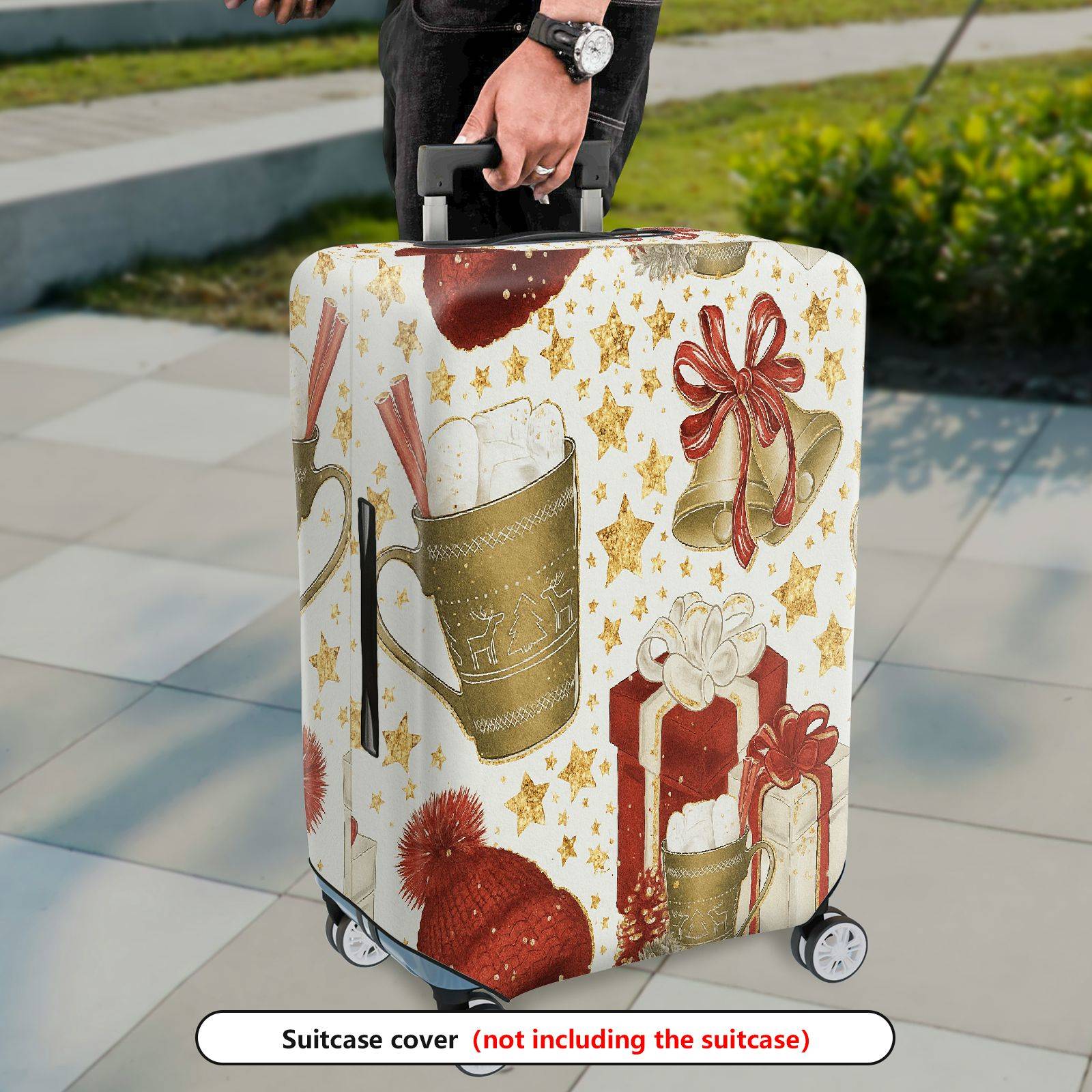 1-Piece Christmas Holiday Bell Gift Hot Chocolate Red Hat  Suitcase Luggage Cover, Stretch Protective Sleeve