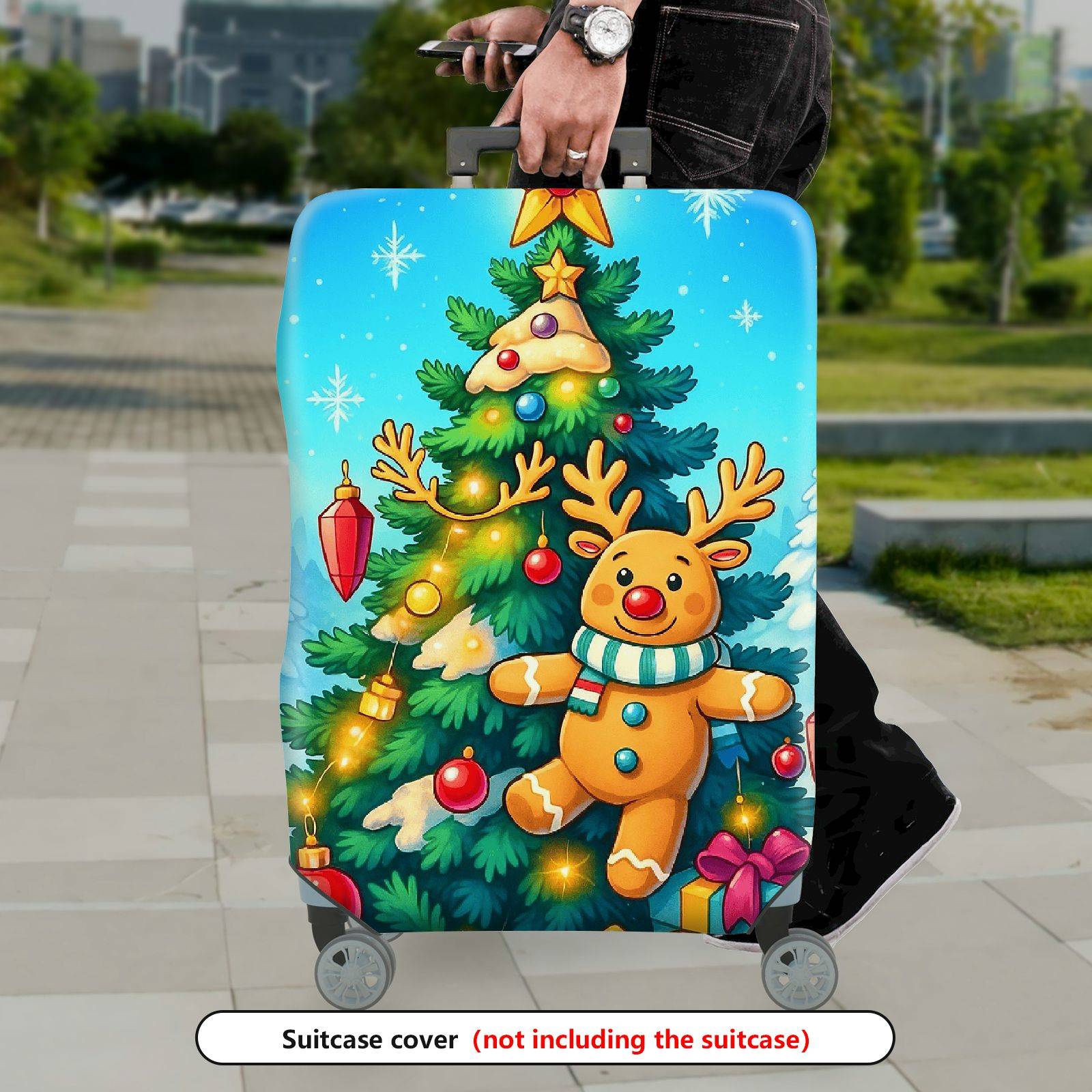 1-Piece Christmas Reindeer Tree Snow Holiday Festive  Suitcase Luggage Cover, Stretch Protective Sleeve
