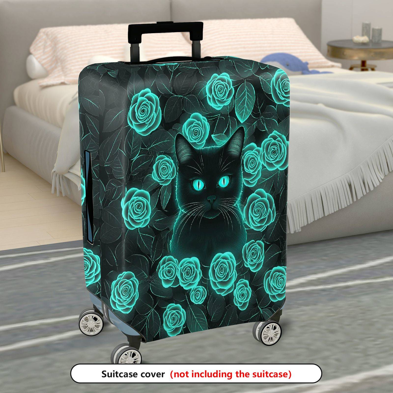 1-Piece Black Cat Green Rose Floral Art  Design  Suitcase Luggage Cover, Stretch Protective Sleeve