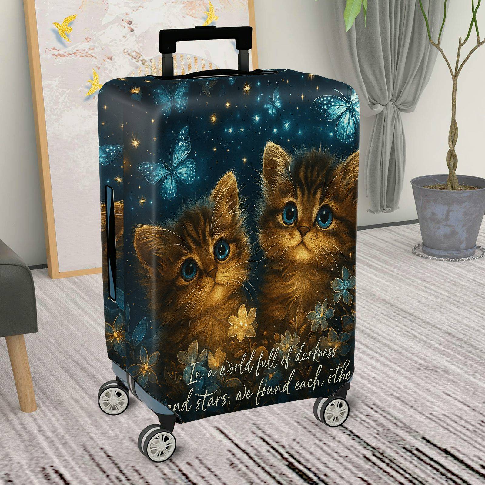 1-Piece Starry Night Cat Butterfly Floral Romantic  Suitcase Luggage Cover, Stretch Protective Sleeve