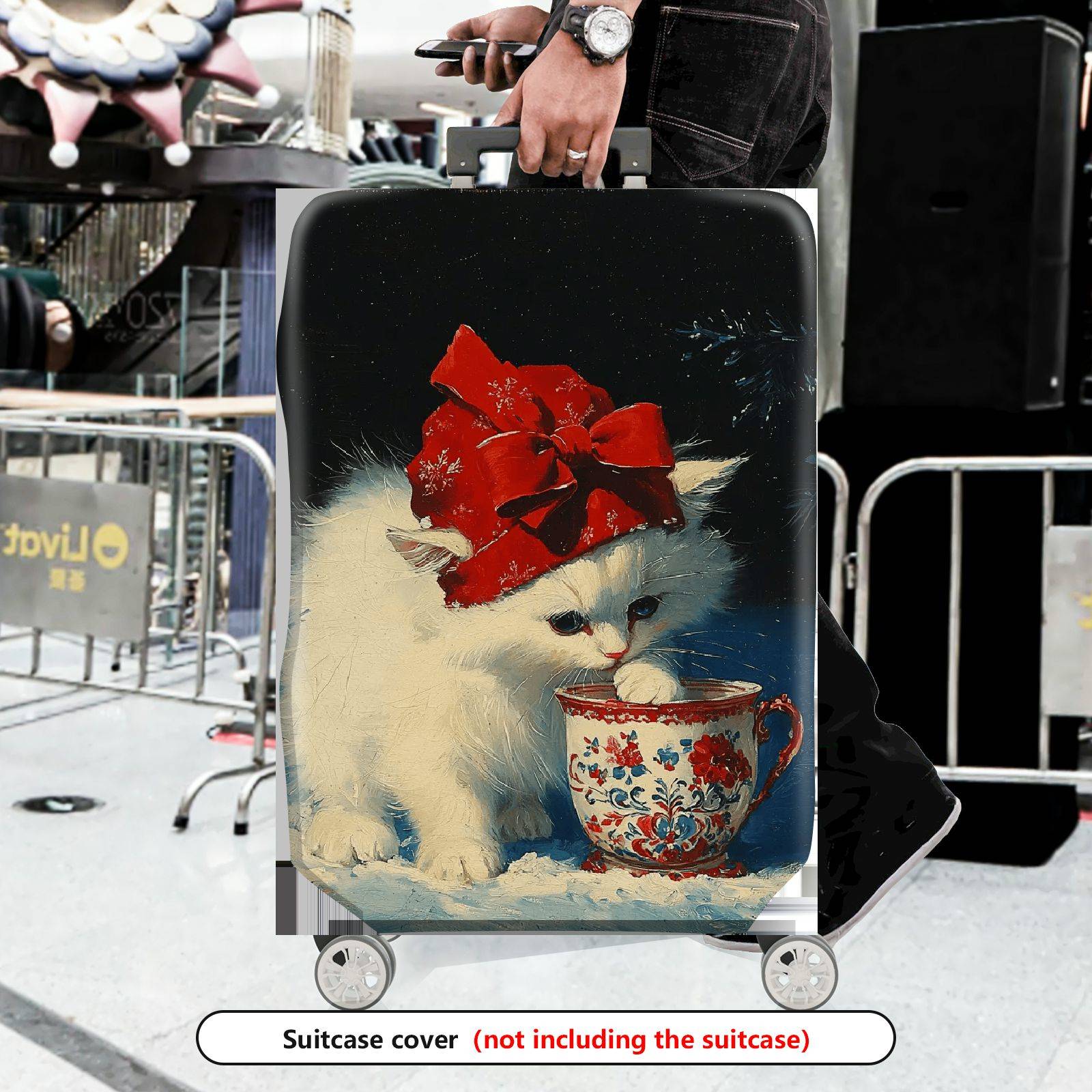 1-Piece Cute Christmas Winter Cat Red Hat Christmas Mug  Suitcase Luggage Cover, Stretch Protective Sleeve