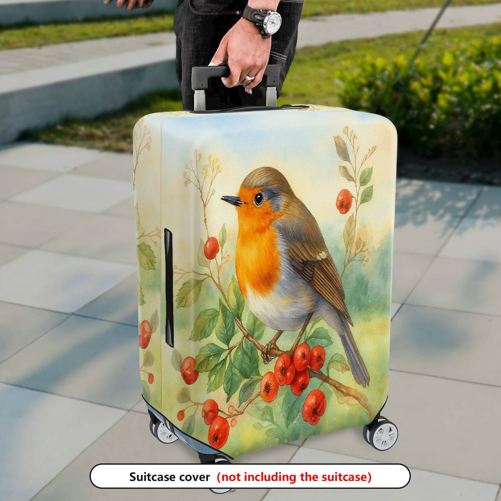 1-Piece Bird Berry Leaf Art Nature Landscape Watercolor  Suitcase Luggage Cover, Stretch Protective Sleeve