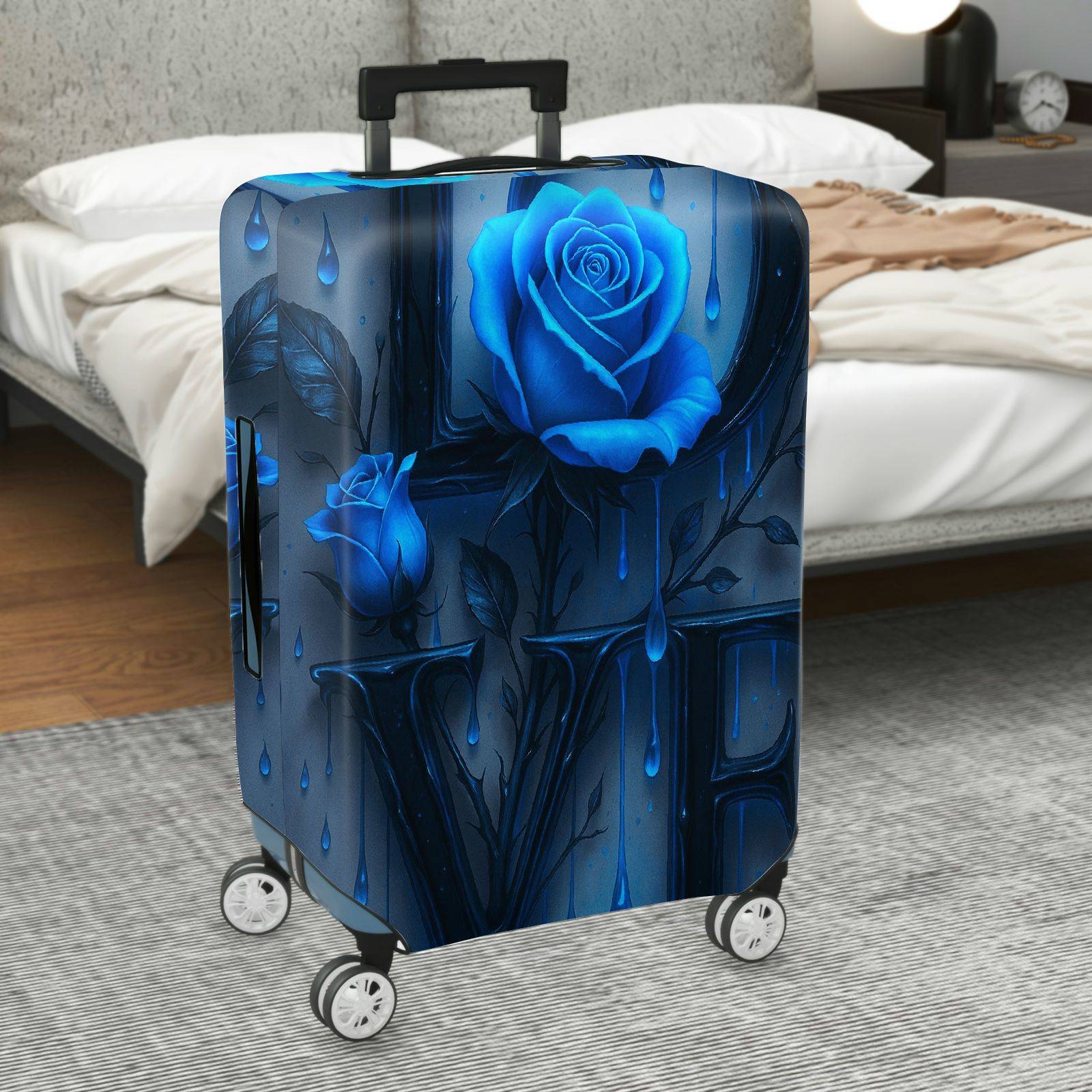 1-Piece Blue Rose Love Floral Art Pattern Letter  Suitcase Luggage Cover, Stretch Protective Sleeve