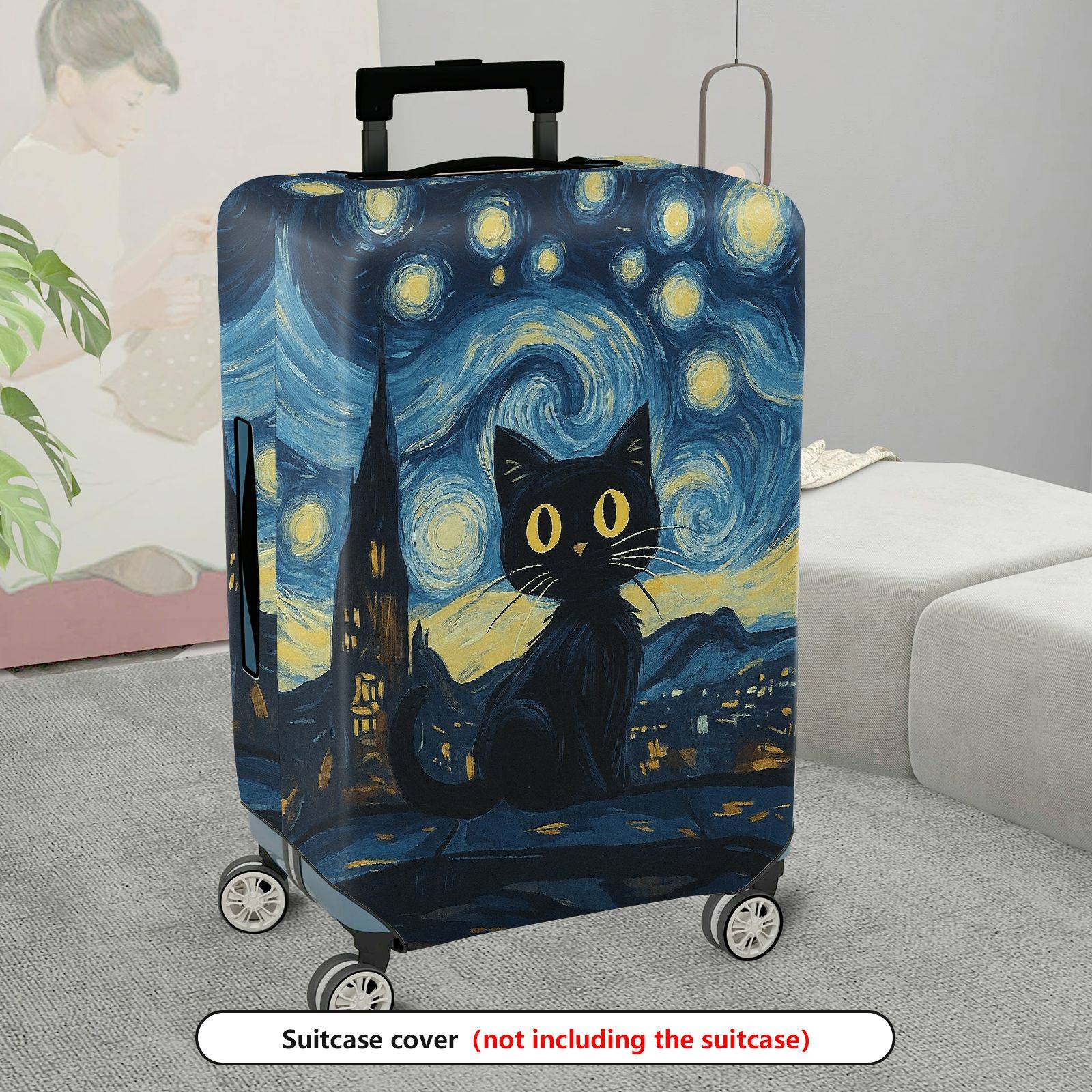 1-Piece Starry Night Cat Landscape Artistic Moon Travel  Suitcase Luggage Cover, Stretch Protective Sleeve
