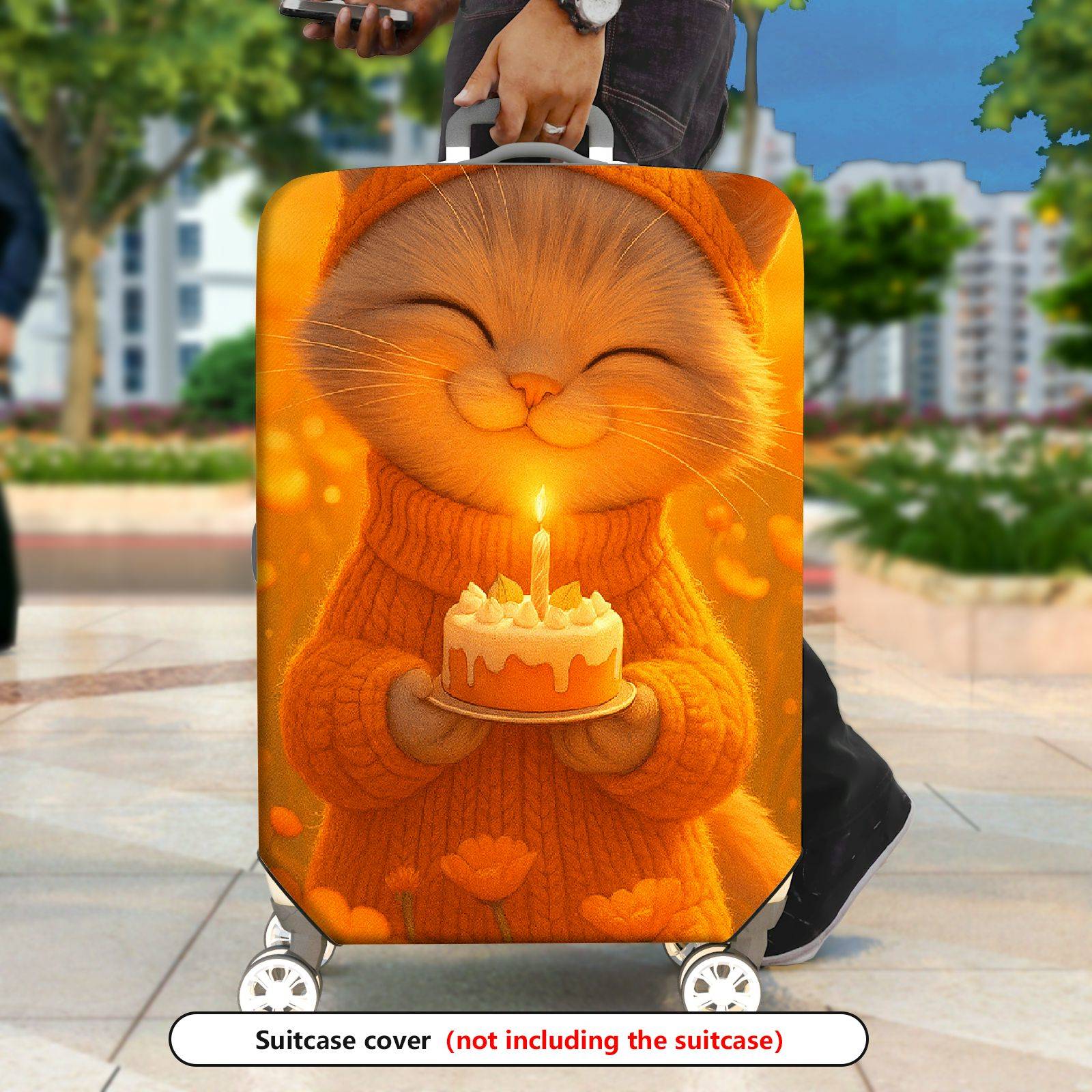 1-Piece Cute Cat Candle Orange Warm Cozy  Suitcase Luggage Cover, Stretch Protective Sleeve