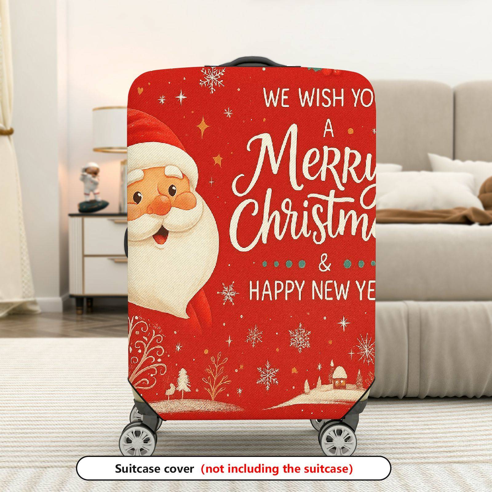 1-Piece Red Christmas Santa Snowflake New Year Holiday  Suitcase Luggage Cover, Stretch Protective Sleeve