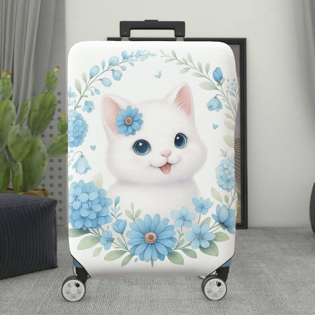1-Piece Floral Cat Design Blooming Blue Daisy Leaves Nature  Suitcase Luggage Cover, Stretch Protective Sleeve