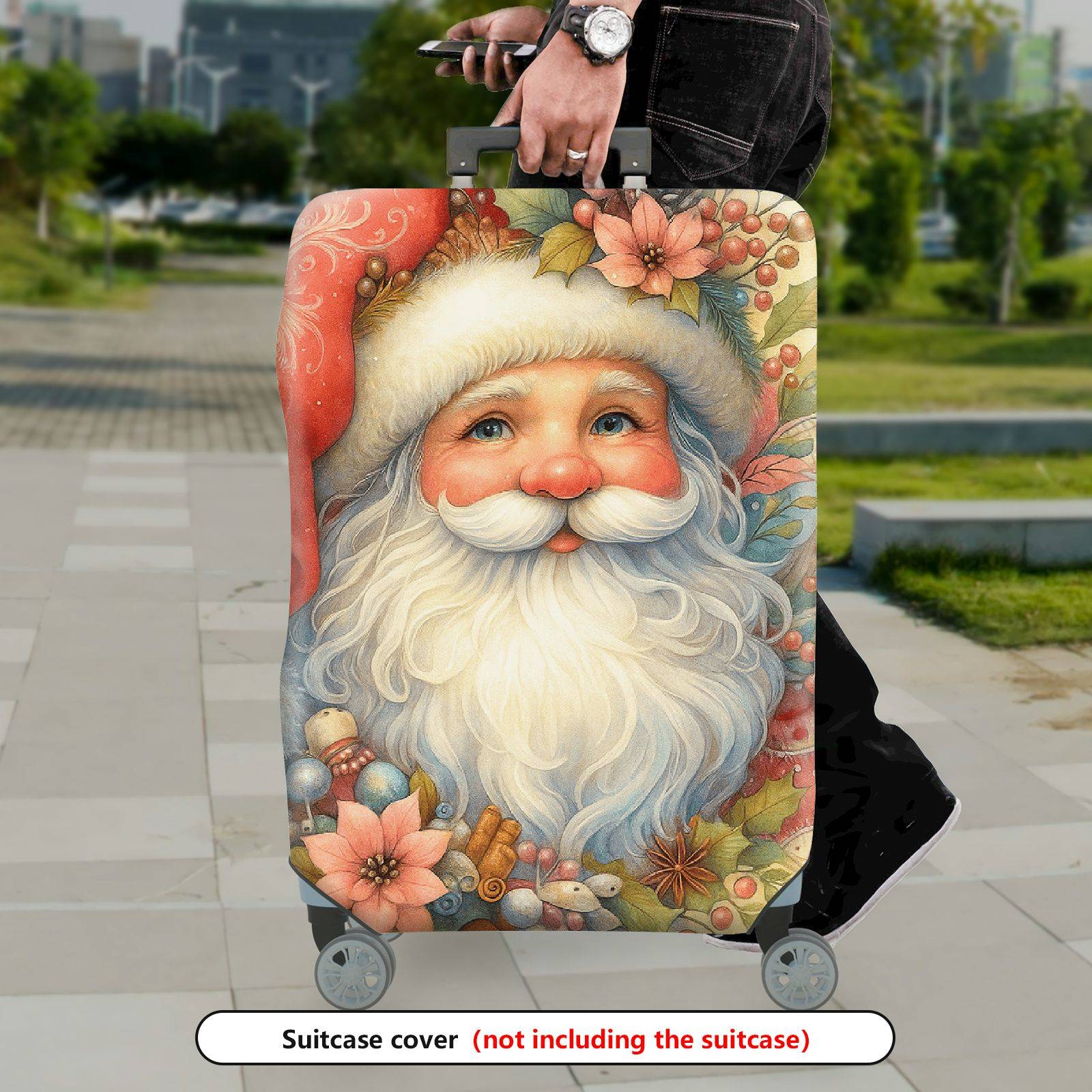 1-Piece Christmas Santa Claus Floral Holiday Winter  Suitcase Luggage Cover, Stretch Protective Sleeve