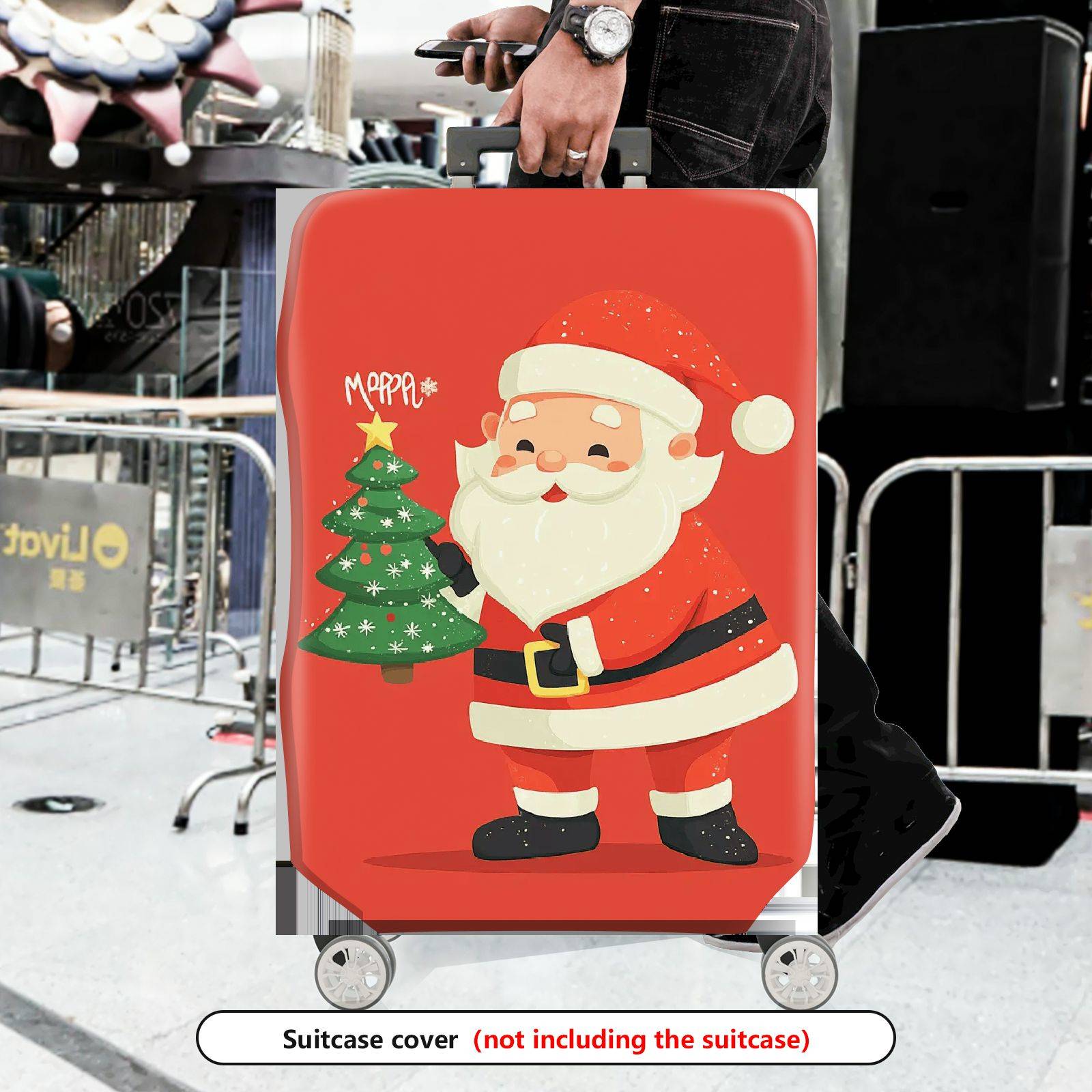 1-Piece Santa Claus Christmas Tree Red Holiday Festive  Suitcase Luggage Cover, Stretch Protective Sleeve