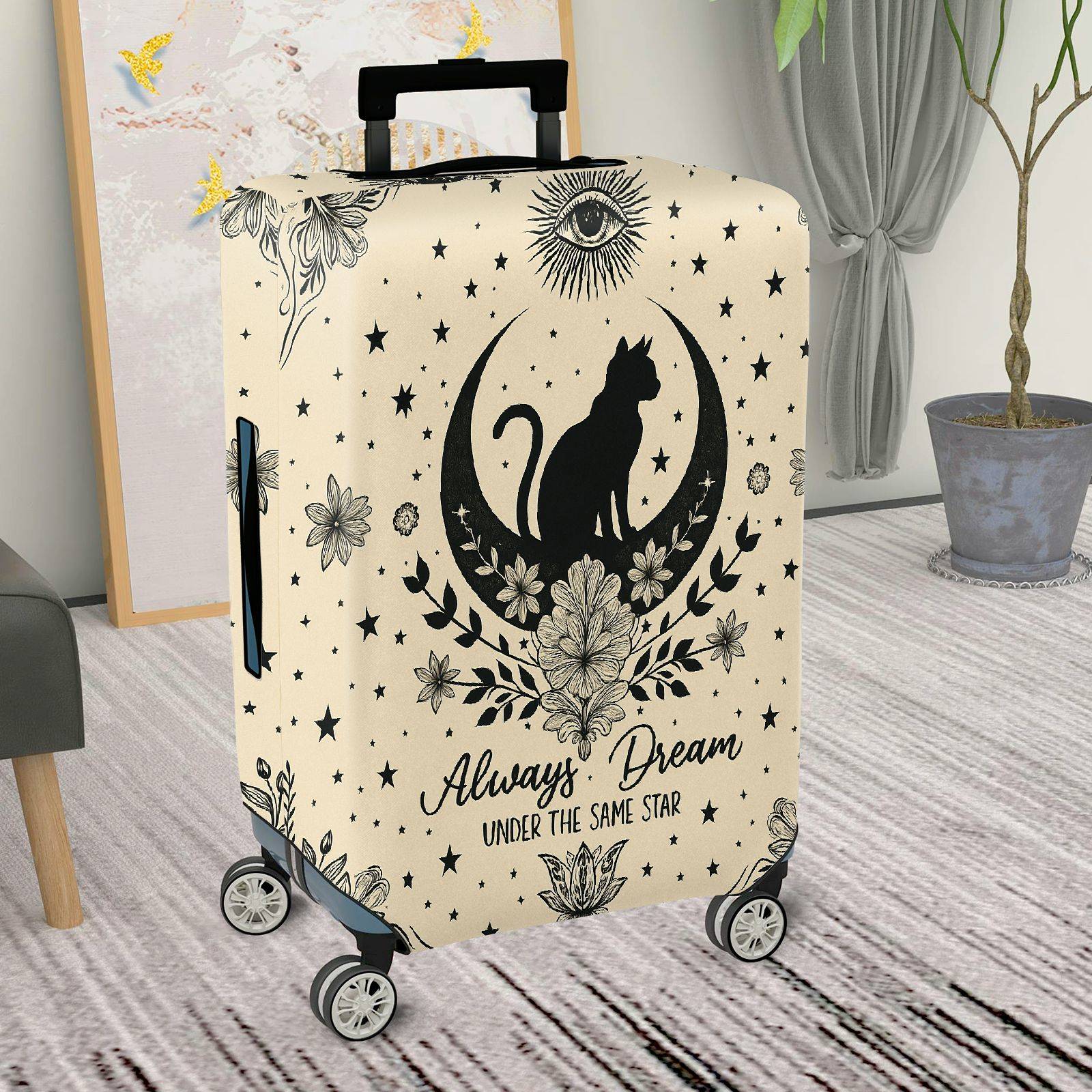 1-Piece Mystical Vintage Floral Black Cat Eye Star  Suitcase Luggage Cover, Stretch Protective Sleeve