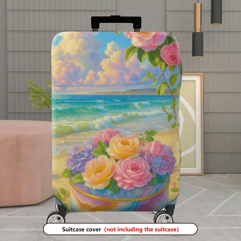1-Piece Beach Floral Sunset Scenic Sea Rose Hydrangea  Suitcase Luggage Cover, Stretch Protective Sleeve