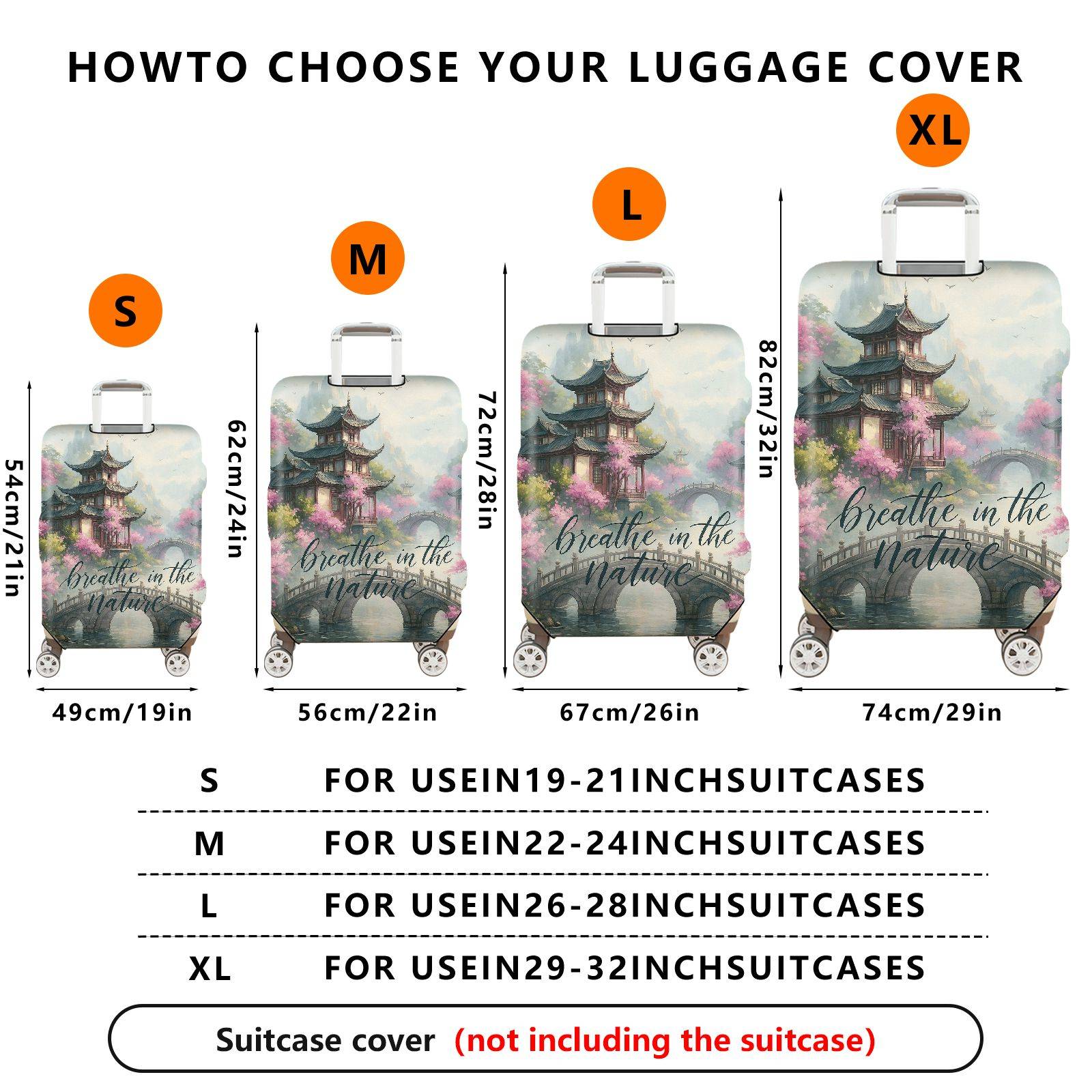 1-Piece Traditional Asian Watercolor Landscape Zen Nature  Suitcase Luggage Cover, Stretch Protective Sleeve