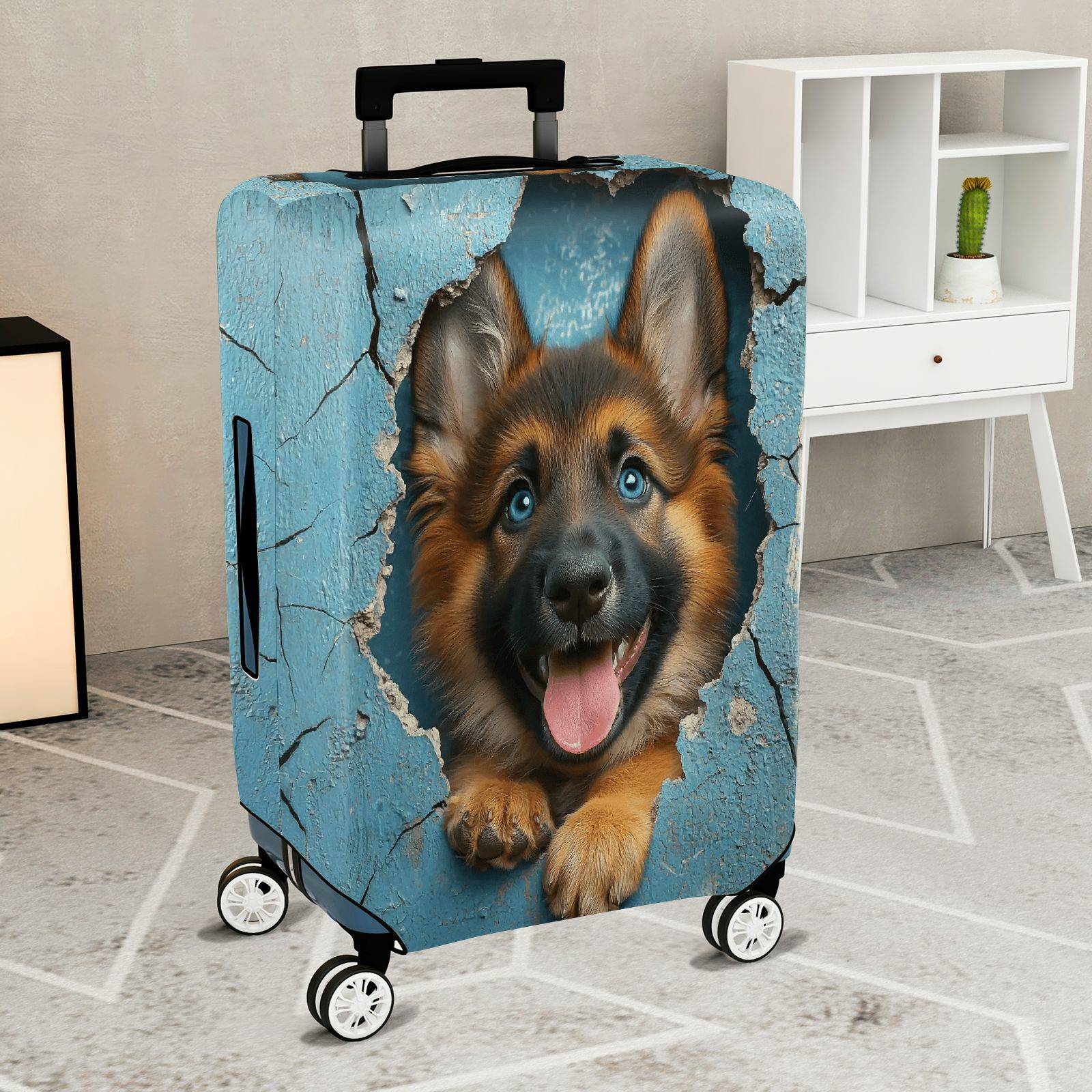 1-Piece Cute German Shepherd Puppy Animal Realistic 3D Print Blue  Suitcase Luggage Cover, Stretch Protective Sleeve