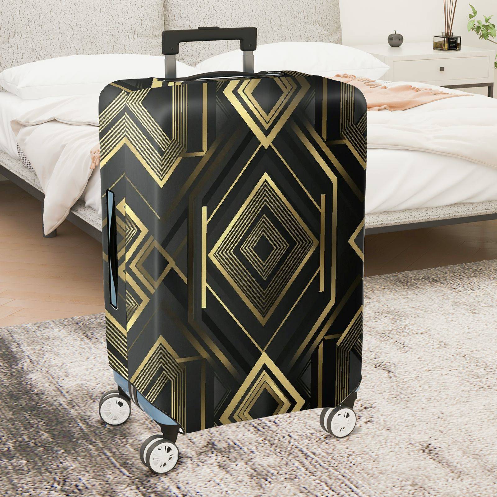 1-Piece Geometric Black Gold Diamond Pattern Abstract Modern Elegant  Suitcase Luggage Cover, Stretch Protective Sleeve