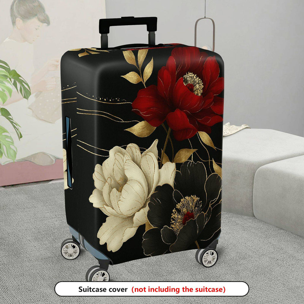 1-Piece Red White Black Floral Gold Leaf  Suitcase Luggage Cover, Stretch Protective Sleeve