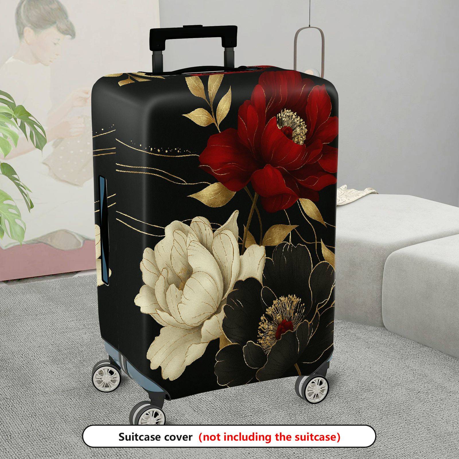 1-Piece Red White Black Floral Gold Leaf  Suitcase Luggage Cover, Stretch Protective Sleeve