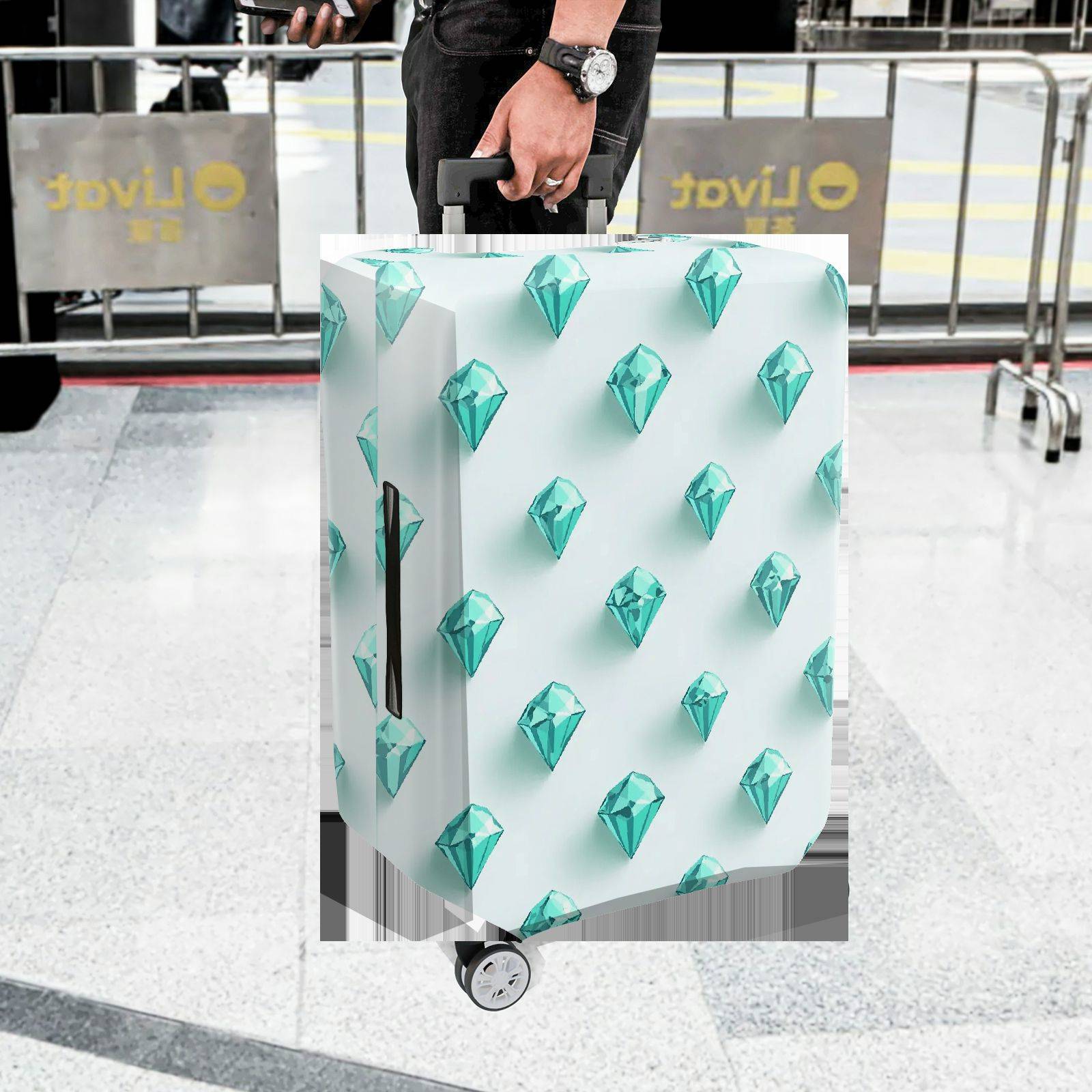 1-Piece Diamond Geometric Pattern Turquoise Blue White Chic  Suitcase Luggage Cover, Stretch Protective Sleeve