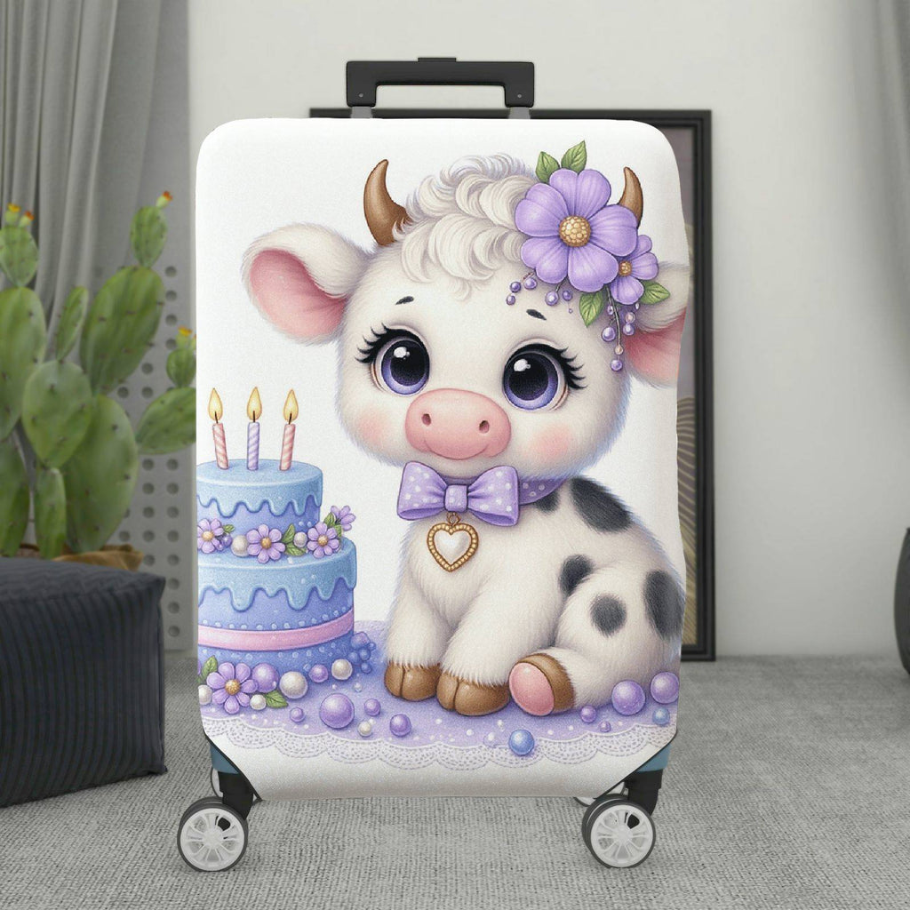 1-Piece Adorable  Cow Birthday Cake Purple Flower Decorative  Suitcase Luggage Cover, Stretch Protective Sleeve