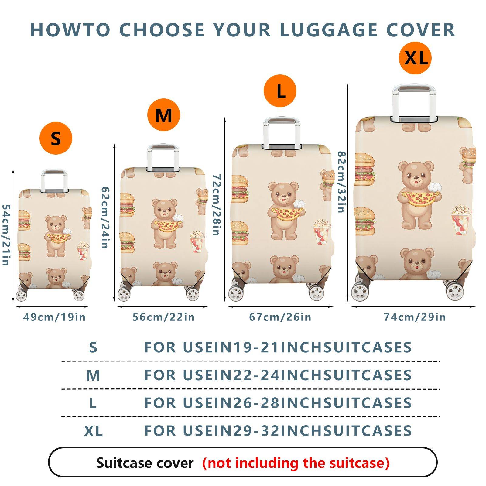 1-Piece Cute Bear Pizza Burger Popcorn Food  Suitcase Luggage Cover, Stretch Protective Sleeve