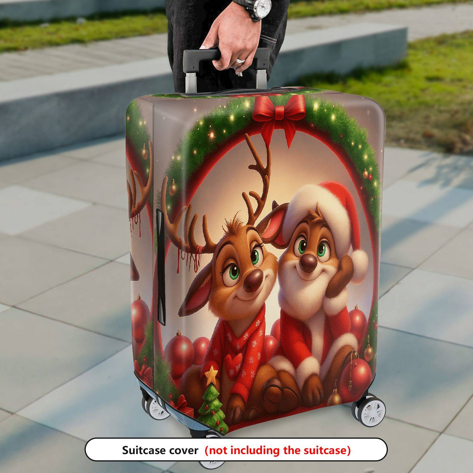 1-Piece Christmas Santa Reindeer Festive Holiday Cheer  Suitcase Luggage Cover, Stretch Protective Sleeve