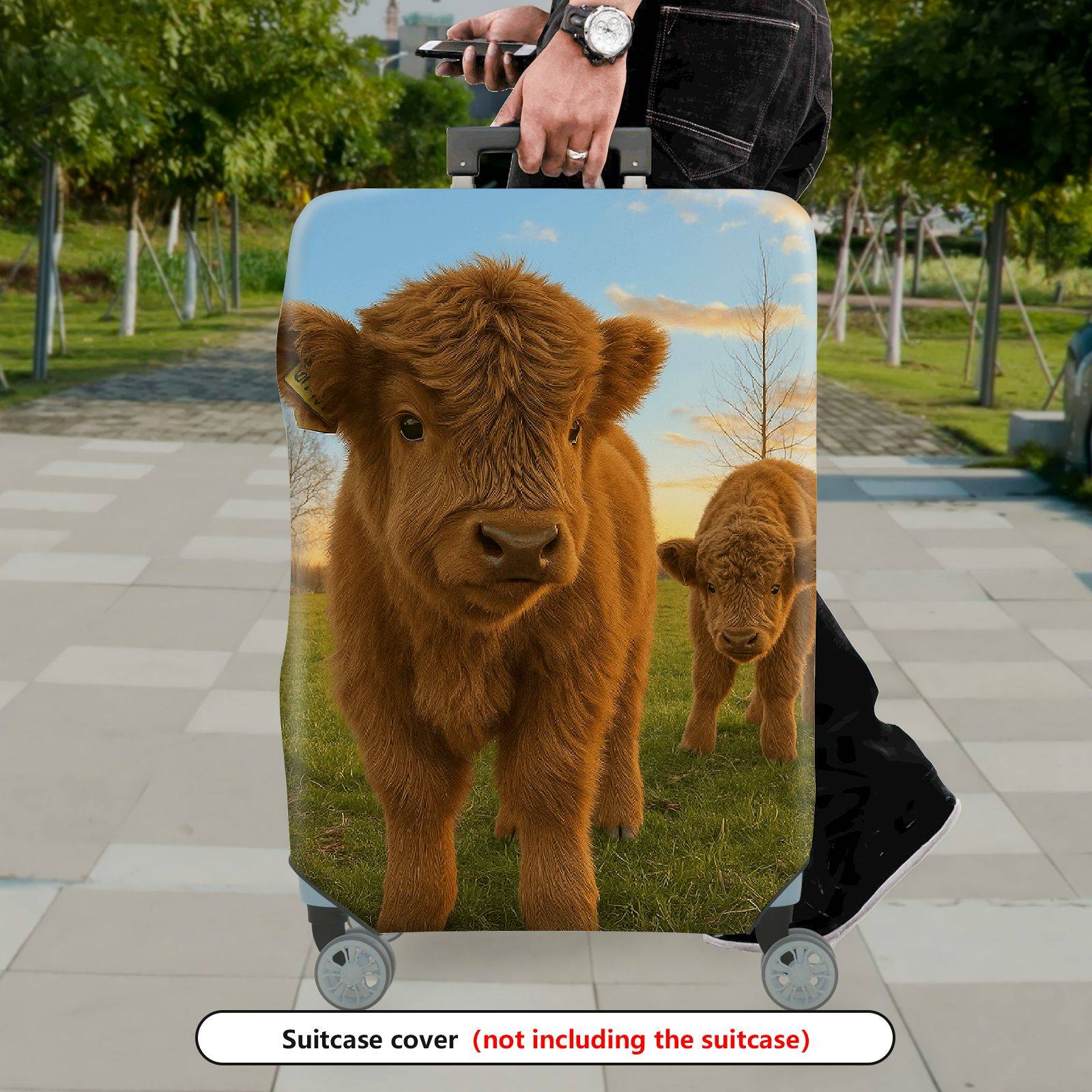 1-Piece Cute Cow Animal Pasture Sunset Scenic Country  Suitcase Luggage Cover, Stretch Protective Sleeve