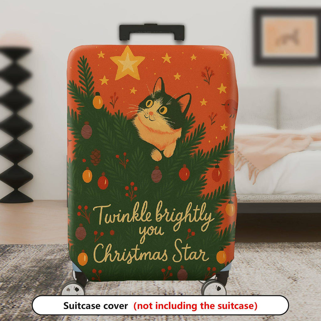 1-Piece Cat Pine Tree Star Ornament Holiday Cheer Festive  Suitcase Luggage Cover, Stretch Protective Sleeve
