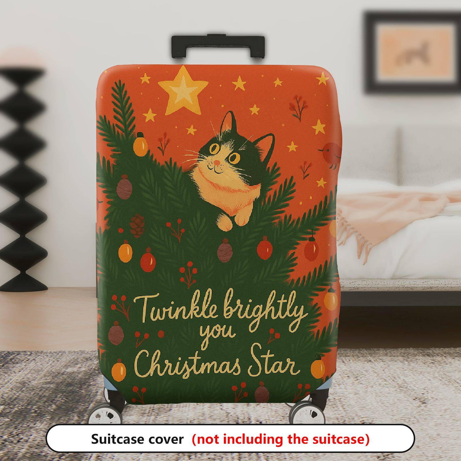 1-Piece Cat Pine Tree Star Ornament Holiday Cheer Festive  Suitcase Luggage Cover, Stretch Protective Sleeve