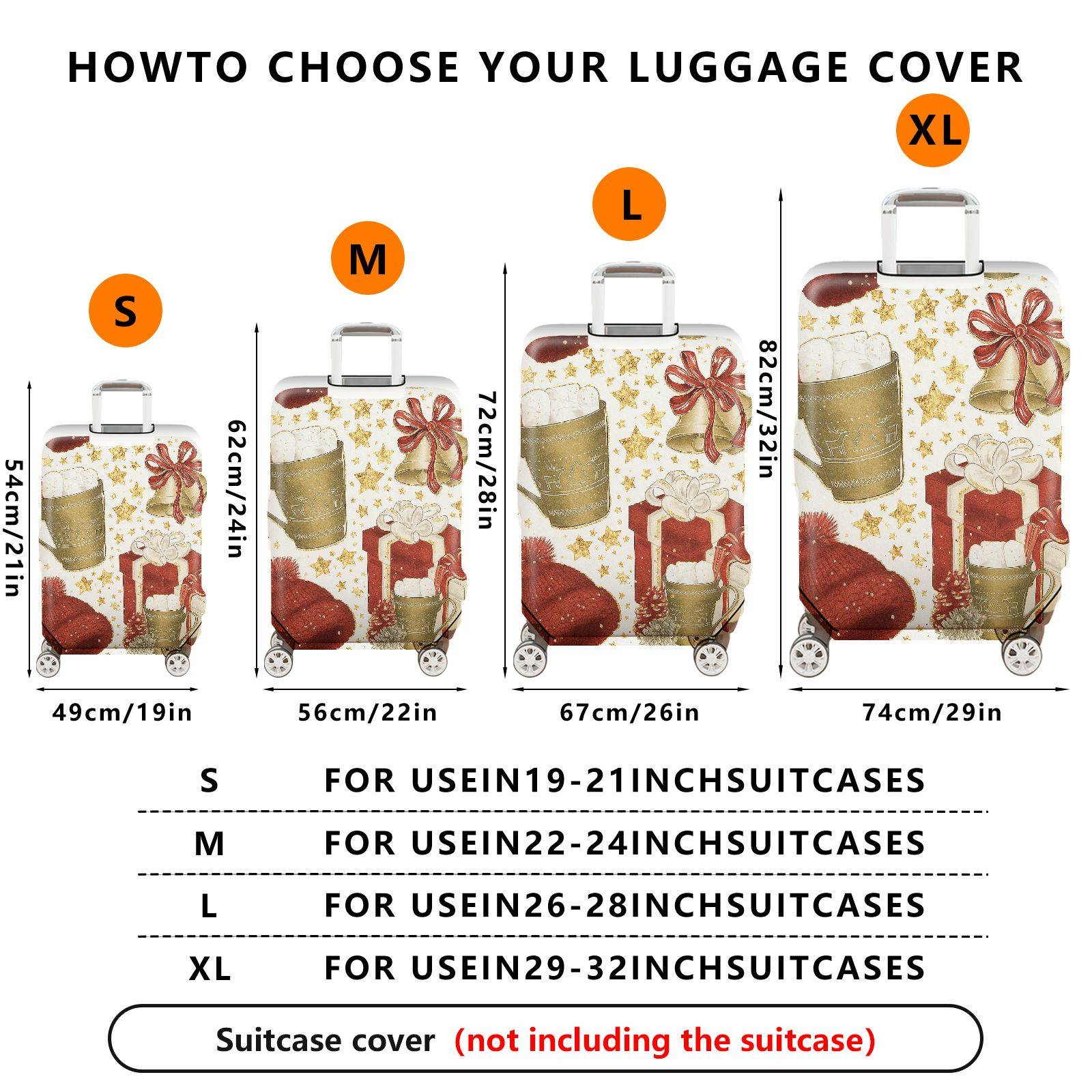 1-Piece Christmas Holiday Bell Gift Hot Chocolate Red Hat  Suitcase Luggage Cover, Stretch Protective Sleeve