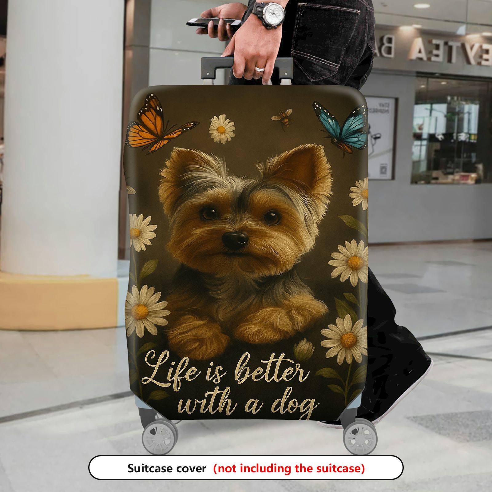 1-Piece Floral Butterfly Dog Yorkshire Daisy  Suitcase Luggage Cover, Stretch Protective Sleeve