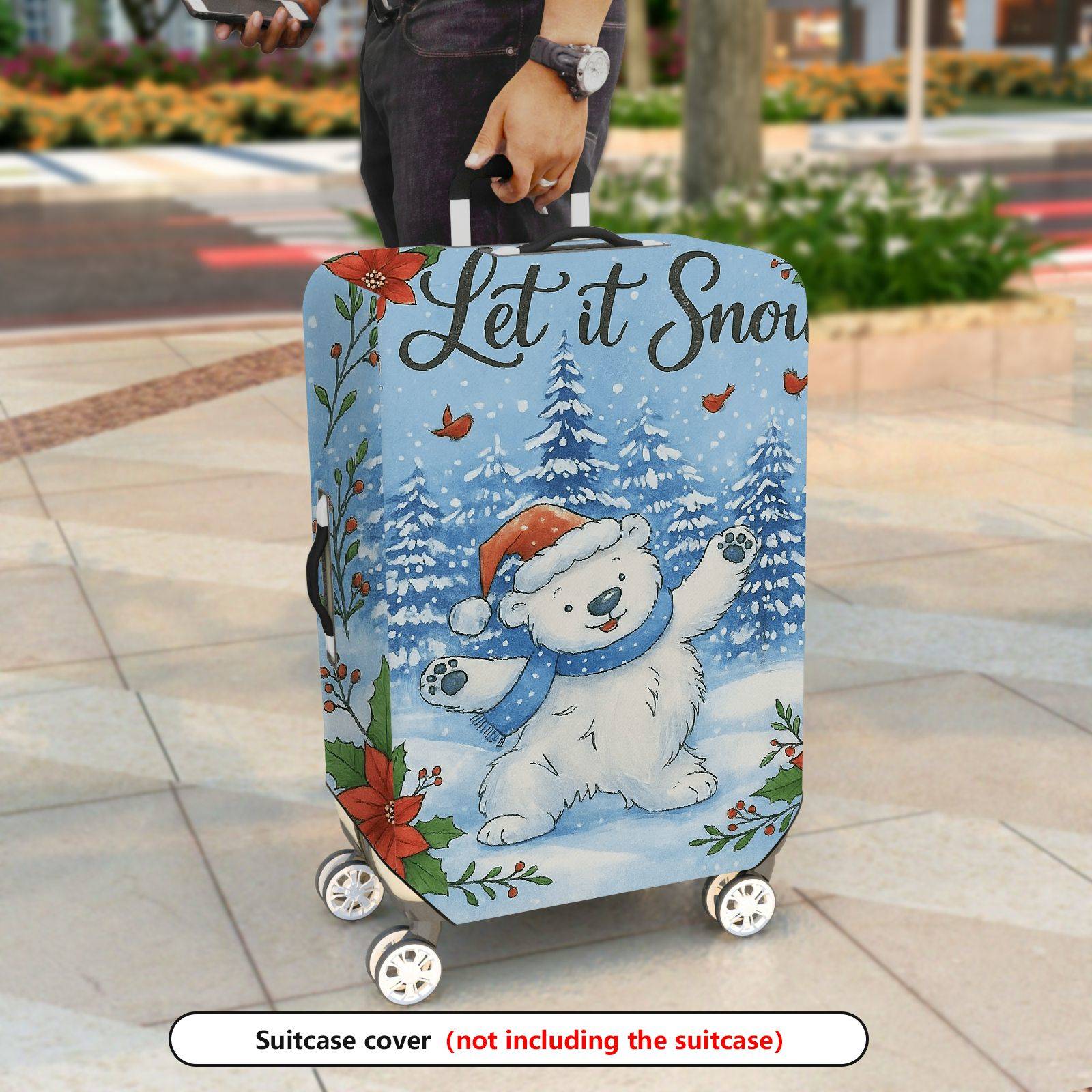 1-Piece Bear Winter Snow Christmas Holiday Floral  Suitcase Luggage Cover, Stretch Protective Sleeve