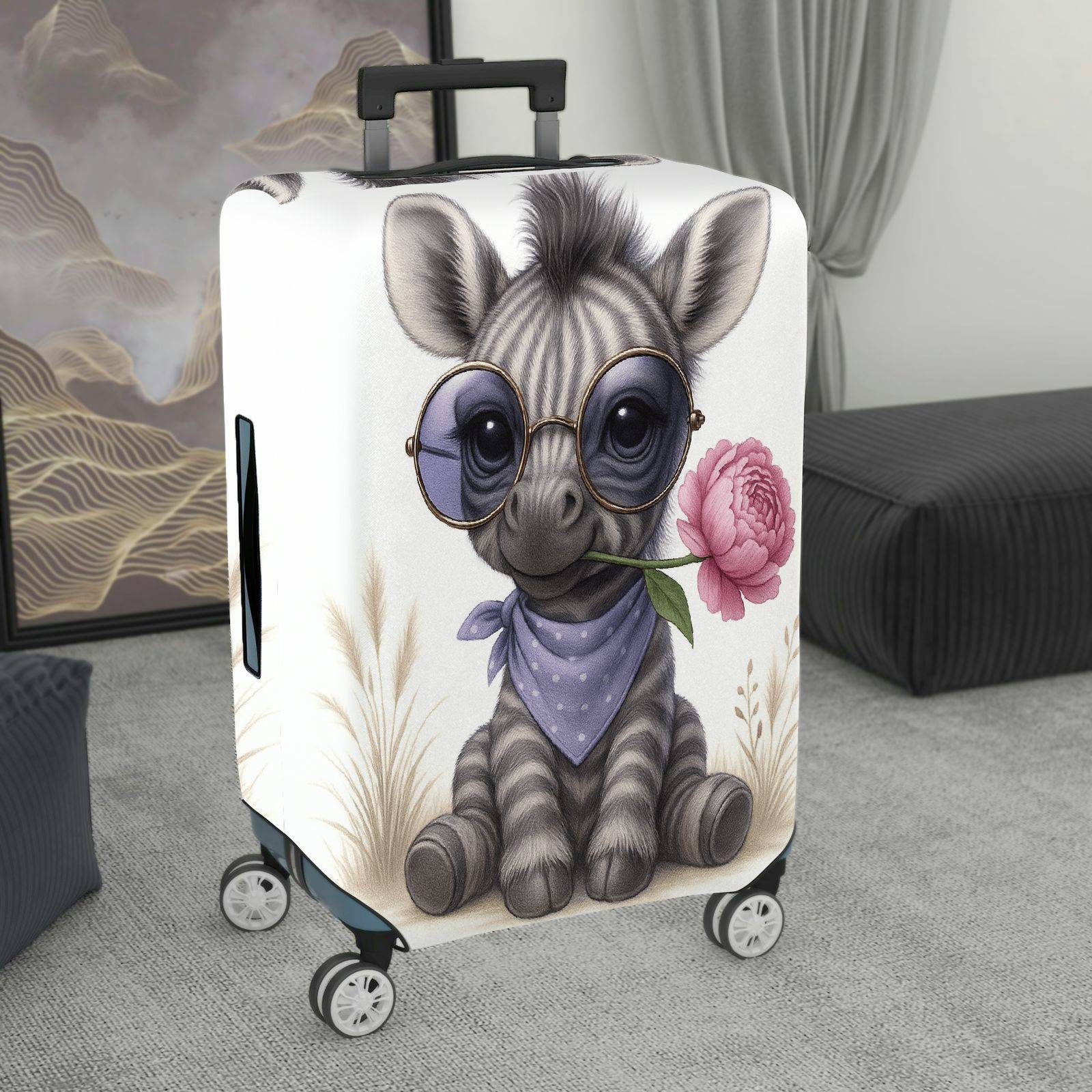 1-Piece Cute Animal Retro Glasses Flower Scarf Design Zebra  Suitcase Luggage Cover, Stretch Protective Sleeve