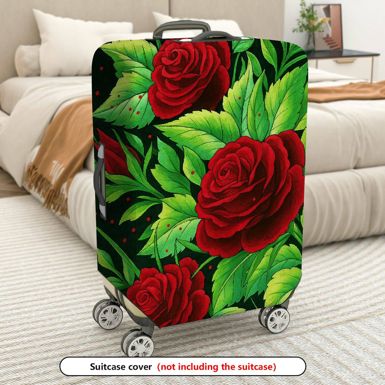 1-Piece Red Rose Green Leaf Floral  Suitcase Luggage Cover, Stretch Protective Sleeve