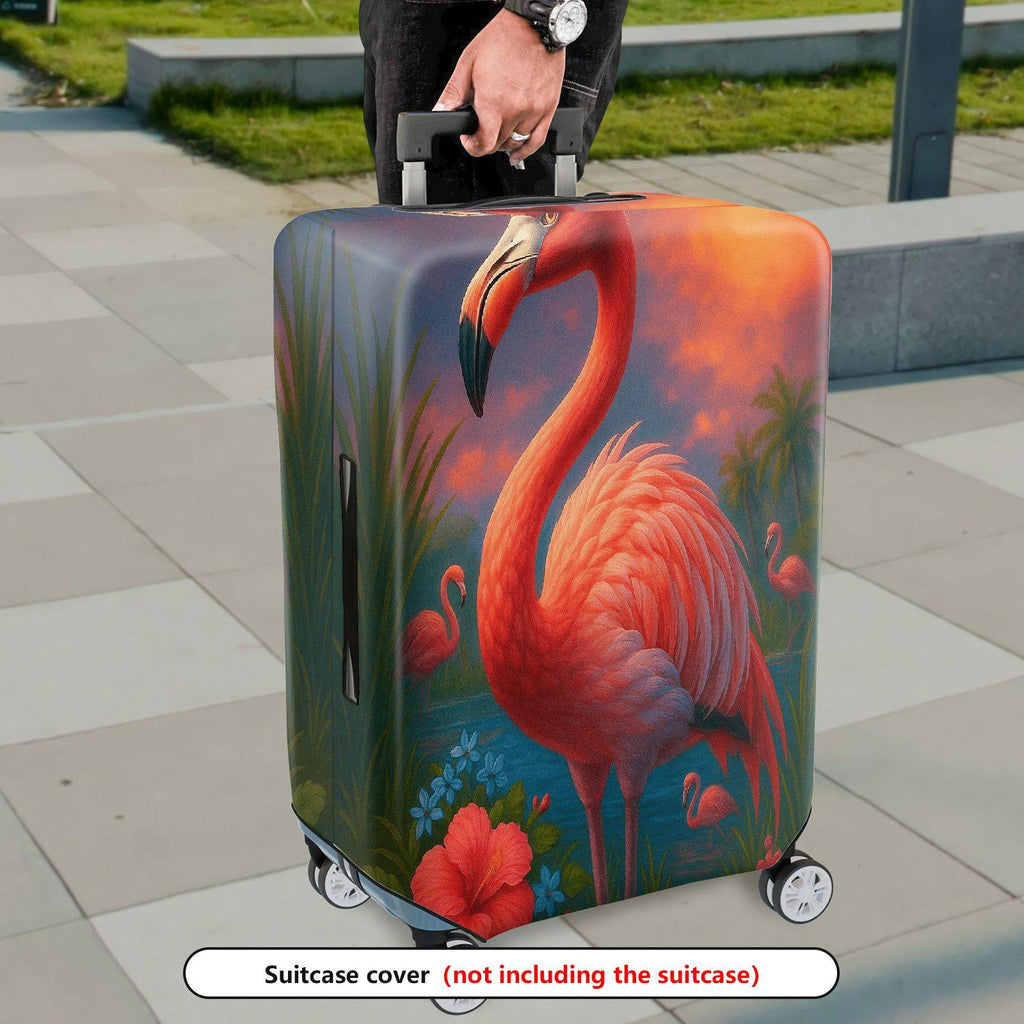 1-Piece Tropical Flamingo Sunset Landscape Hibiscus  Suitcase Luggage Cover, Stretch Protective Sleeve