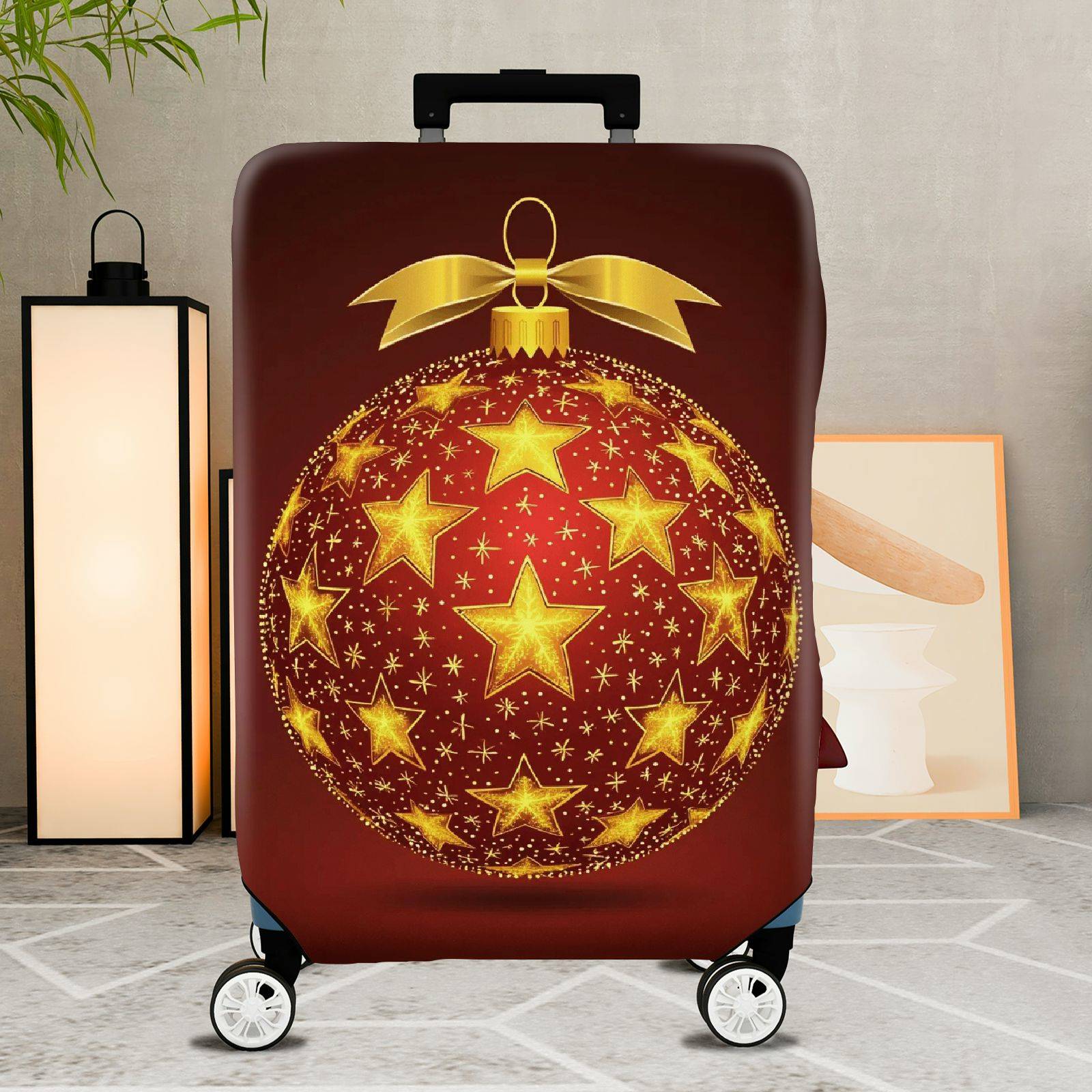 1-Piece Gold Star Ornament Christmas Bow Festive Holiday  Suitcase Luggage Cover, Stretch Protective Sleeve