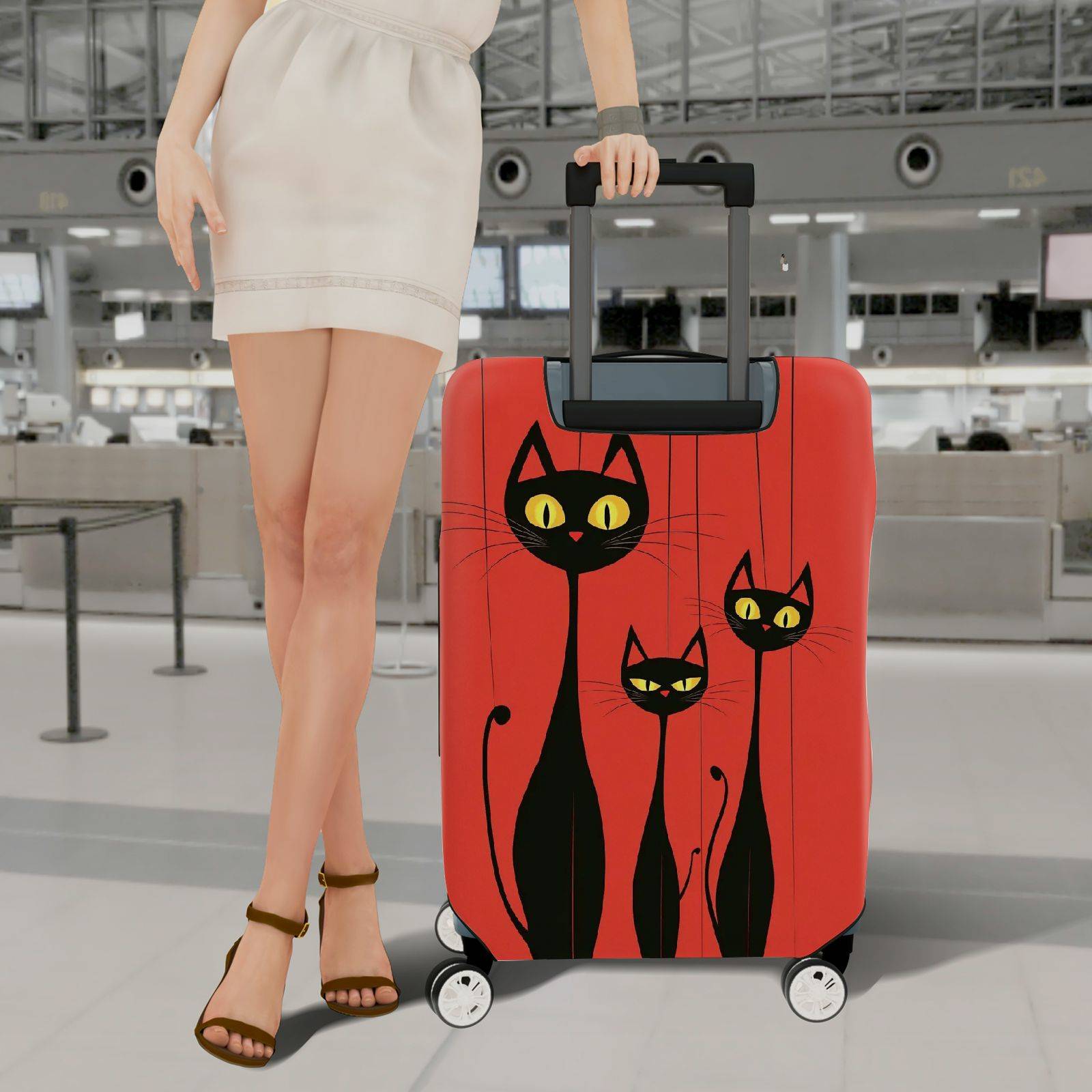 1-Piece Black Cat Red Abstract Artistic Stylish Cute  Suitcase Luggage Cover, Stretch Protective Sleeve